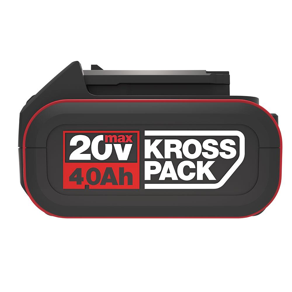 Kırmızı kenarlı siyah pil, 20V max 4.0Ah Kross Pack yazısı.
