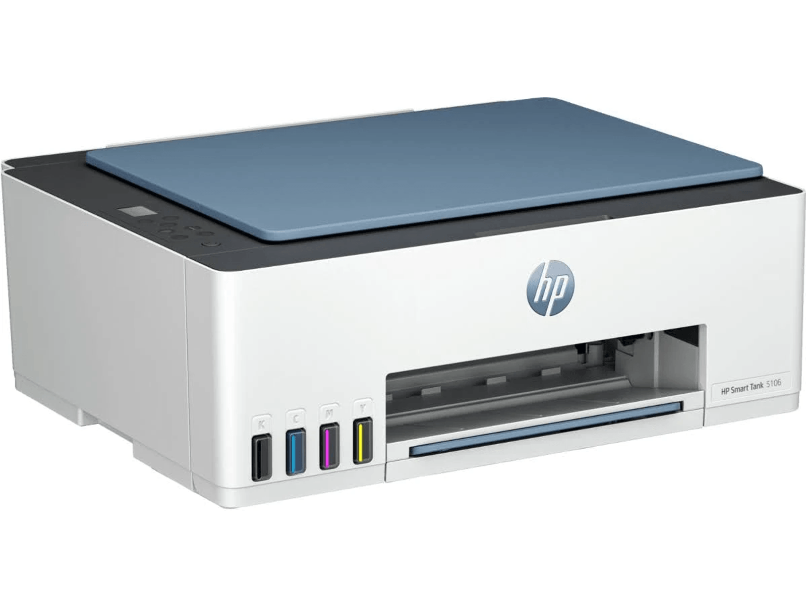 Ein weißer HP Smart Tank 5106 Drucker mit blauem Deckel und sichtbaren Tintenbehältern.