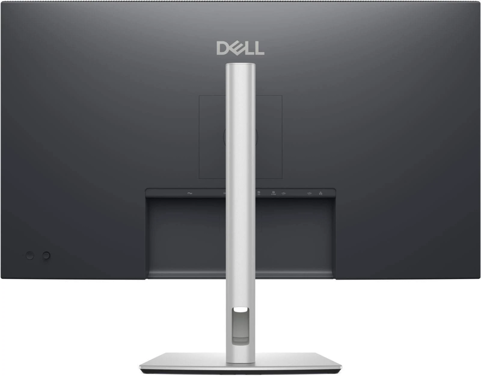 Arrière d'un moniteur Dell noir avec pied argenté et ports.