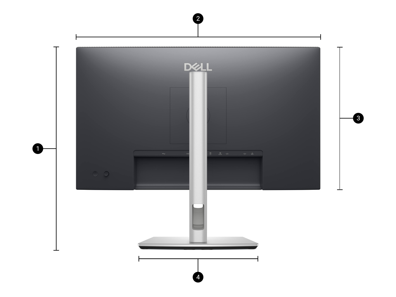Arrière d'un moniteur Dell avec pied argenté et ports.