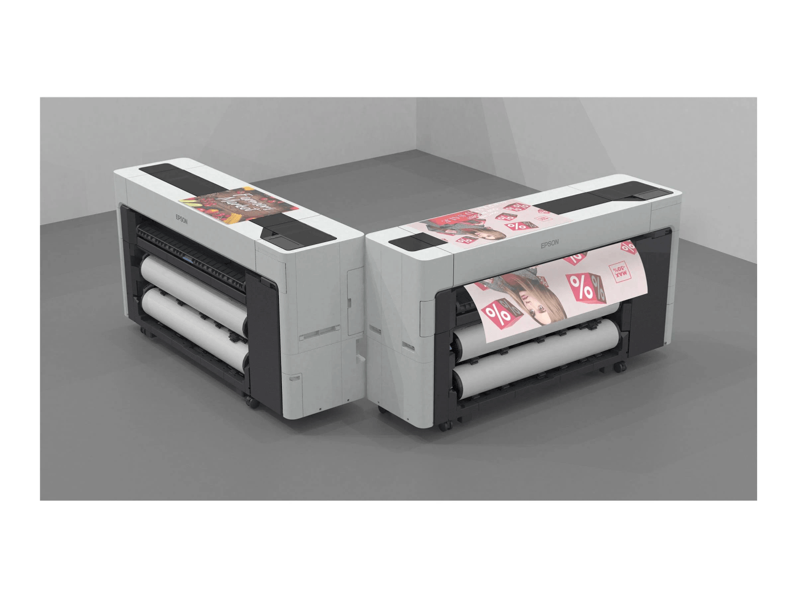 Dwie połączone drukarki Epson z rolkami papieru. Jedna drukuje reklamę.