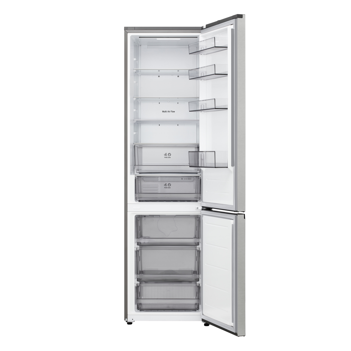 Un refrigerador plateado con las puertas abiertas, mostrando estantes y cajones.
