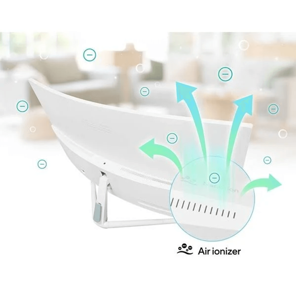 Un moniteur blanc avec fonction ioniseur d'air et ions négatifs.