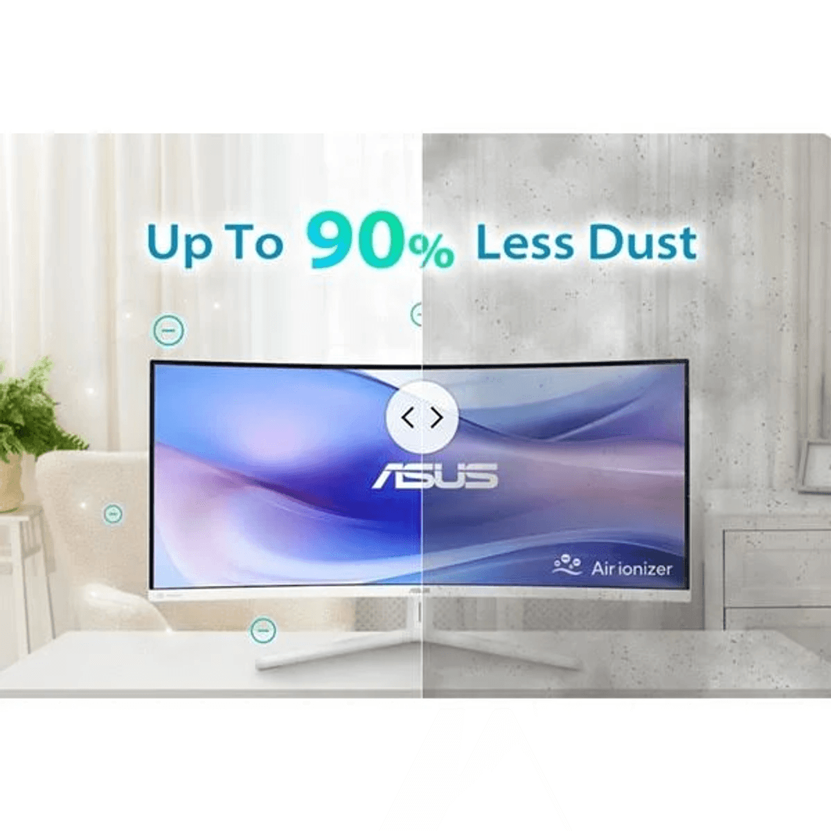 Un moniteur ASUS avec fonction Ioniseur d'air, montrant jusqu'à 90% moins de poussière.