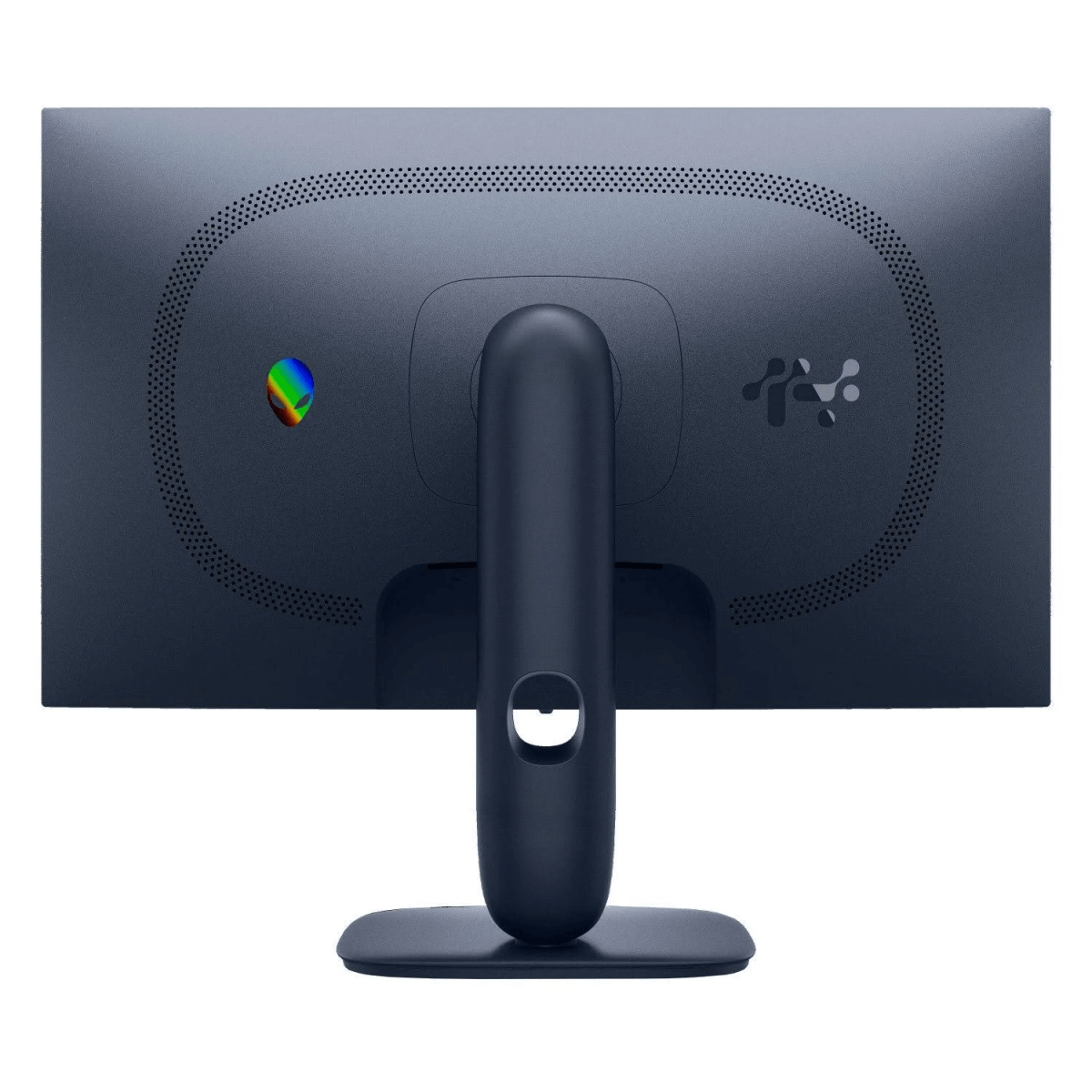 Reverso de un monitor oscuro con logo alienígena colorido a la izquierda y otro logo a la derecha.