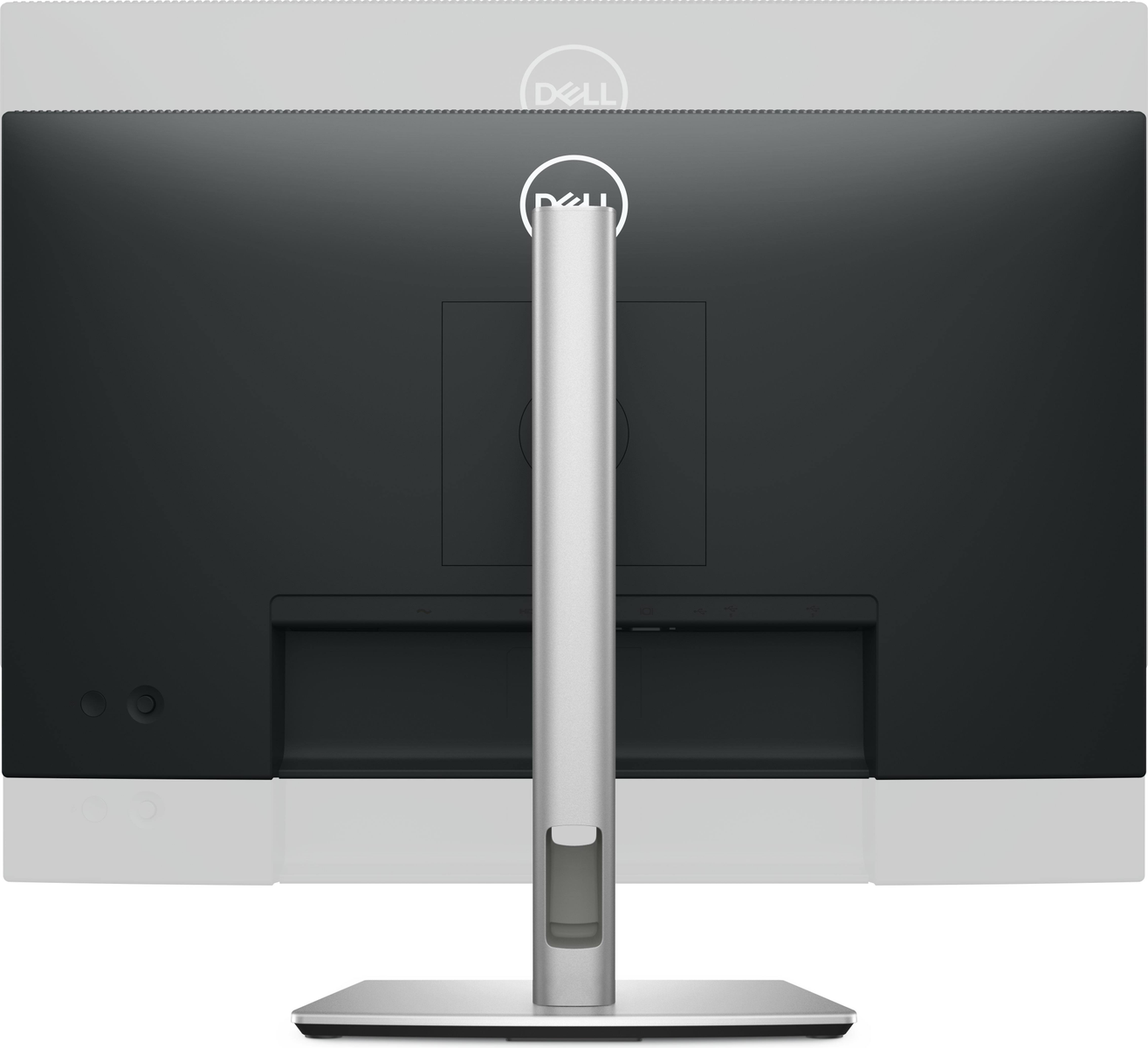 Rear view of a Dell monitor with a silver stand and black screen.