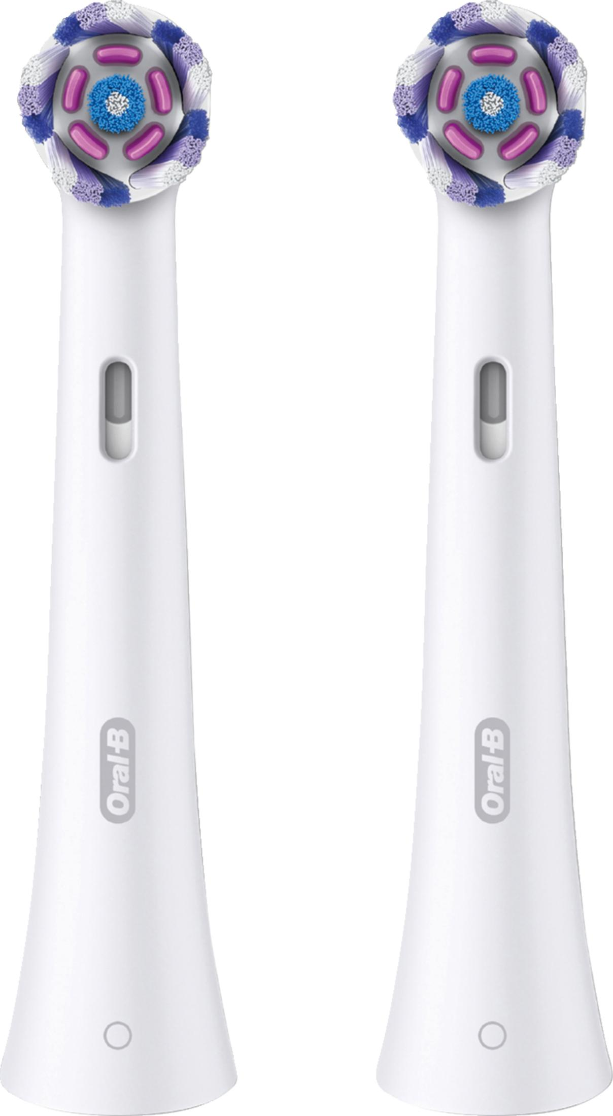 Zwei weiße Oral-B Aufsteckbürsten mit blauen, lila und weißen Borsten.