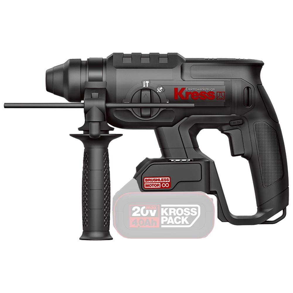 Yardımcı tutamaklı siyah Kress darbeli matkap, 20V 4,0Ah pil.