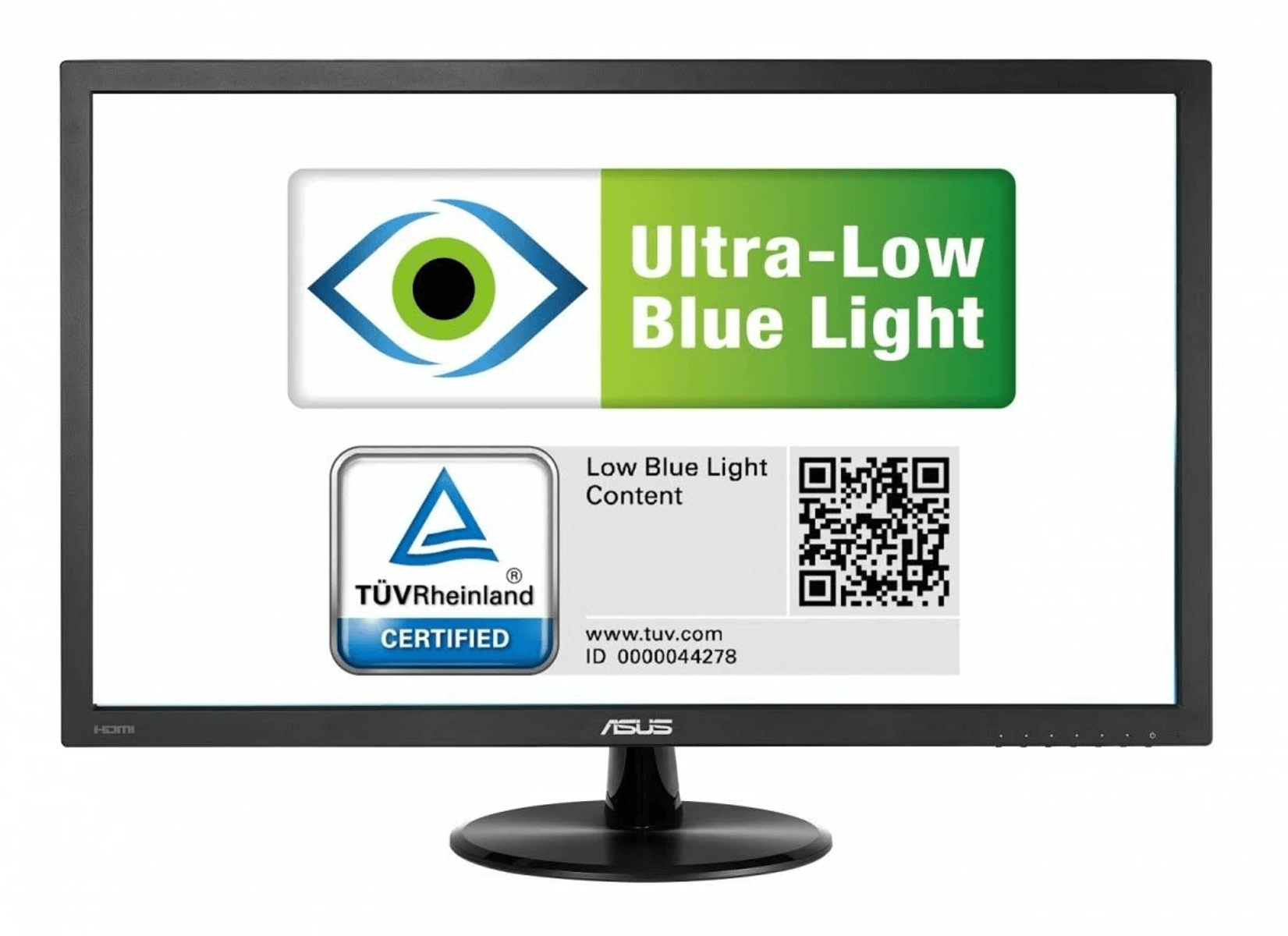 An ASUS monitor featuring Ultra-Low Blue Light certification.