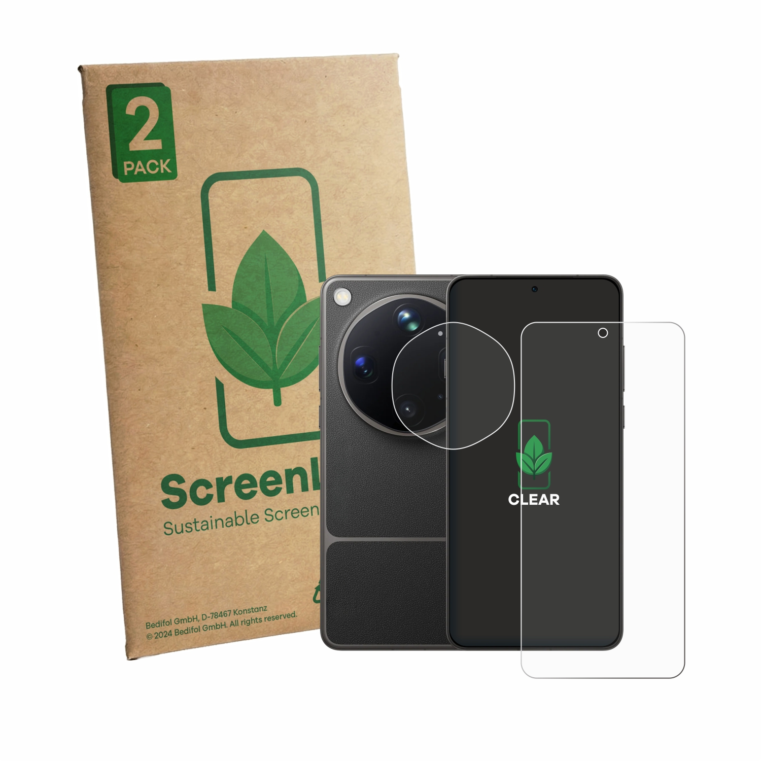 Eine Packung mit 2 Displayschutzfolien neben einem Smartphone.