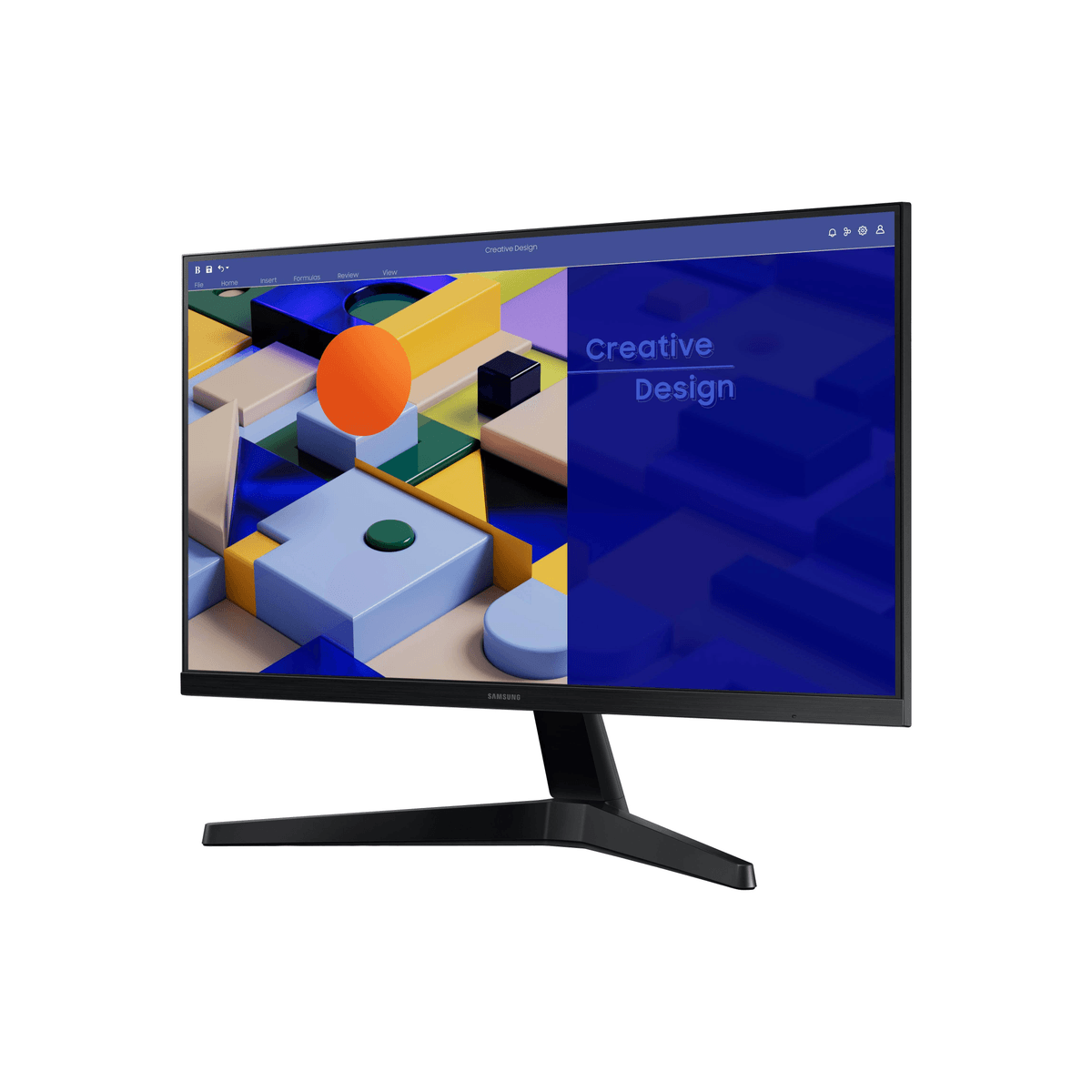 Ein Samsung Monitor zeigt eine abstrakte bunte 3D-Grafik und den Text "Creative Design".