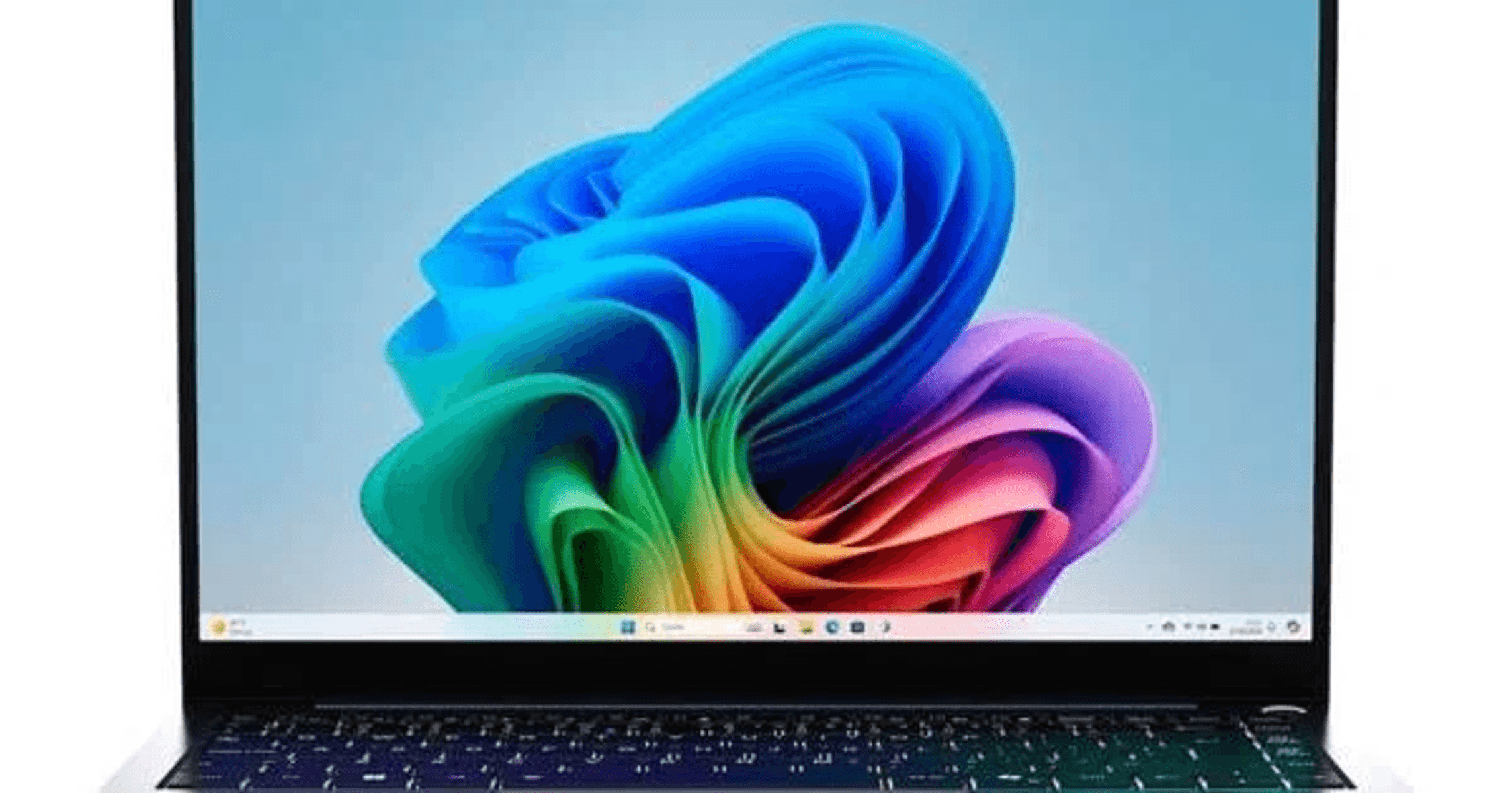 Un portátil que muestra un fondo de pantalla colorido y arremolinado y una barra de tareas.