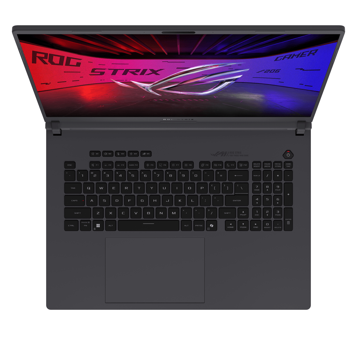 Donkergrijs open laptop, met verlicht toetsenbord en scherm met ROG STRIX logo.
