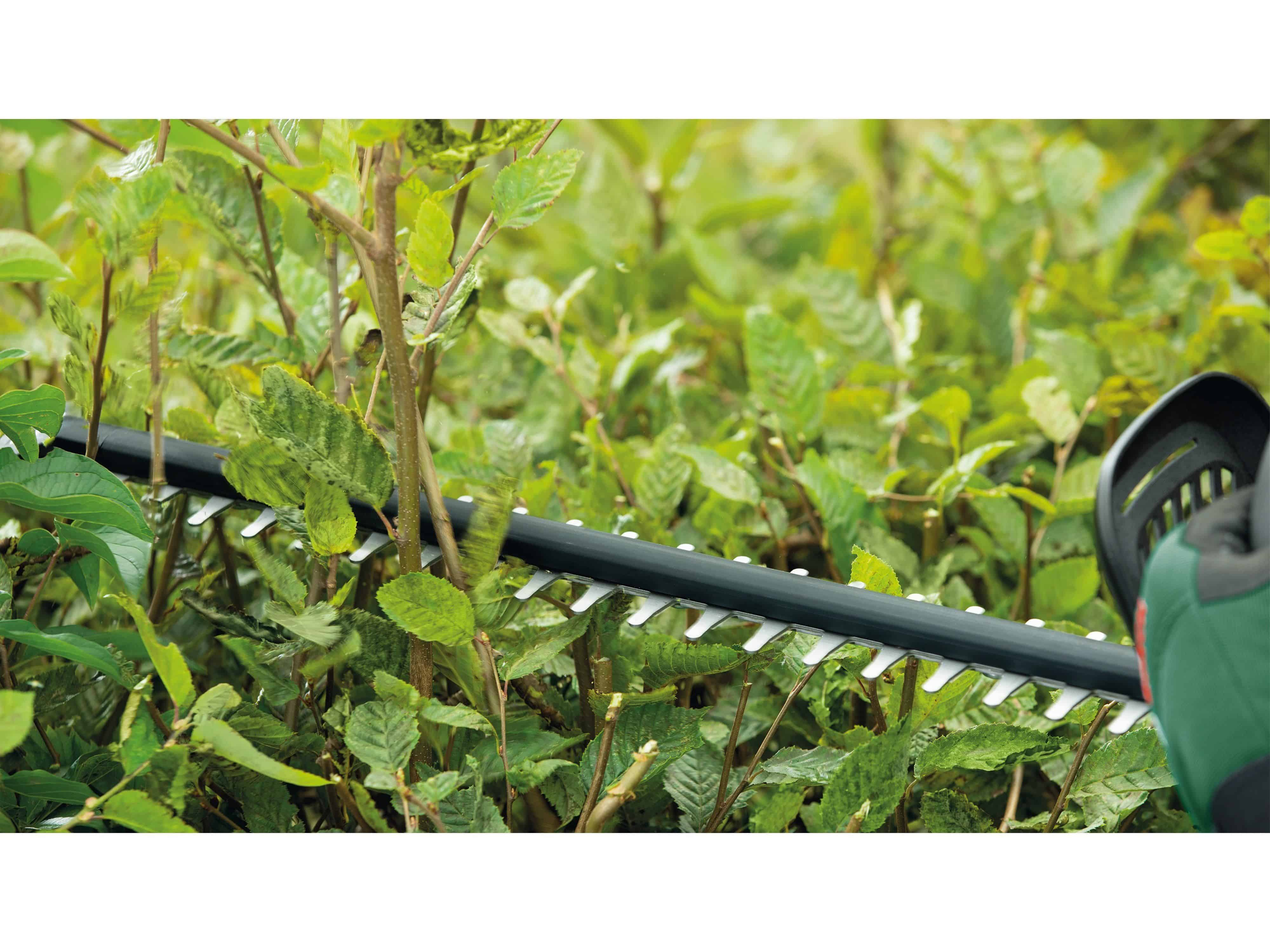 Un cortasetos eléctrico corta follaje verde al aire libre.
