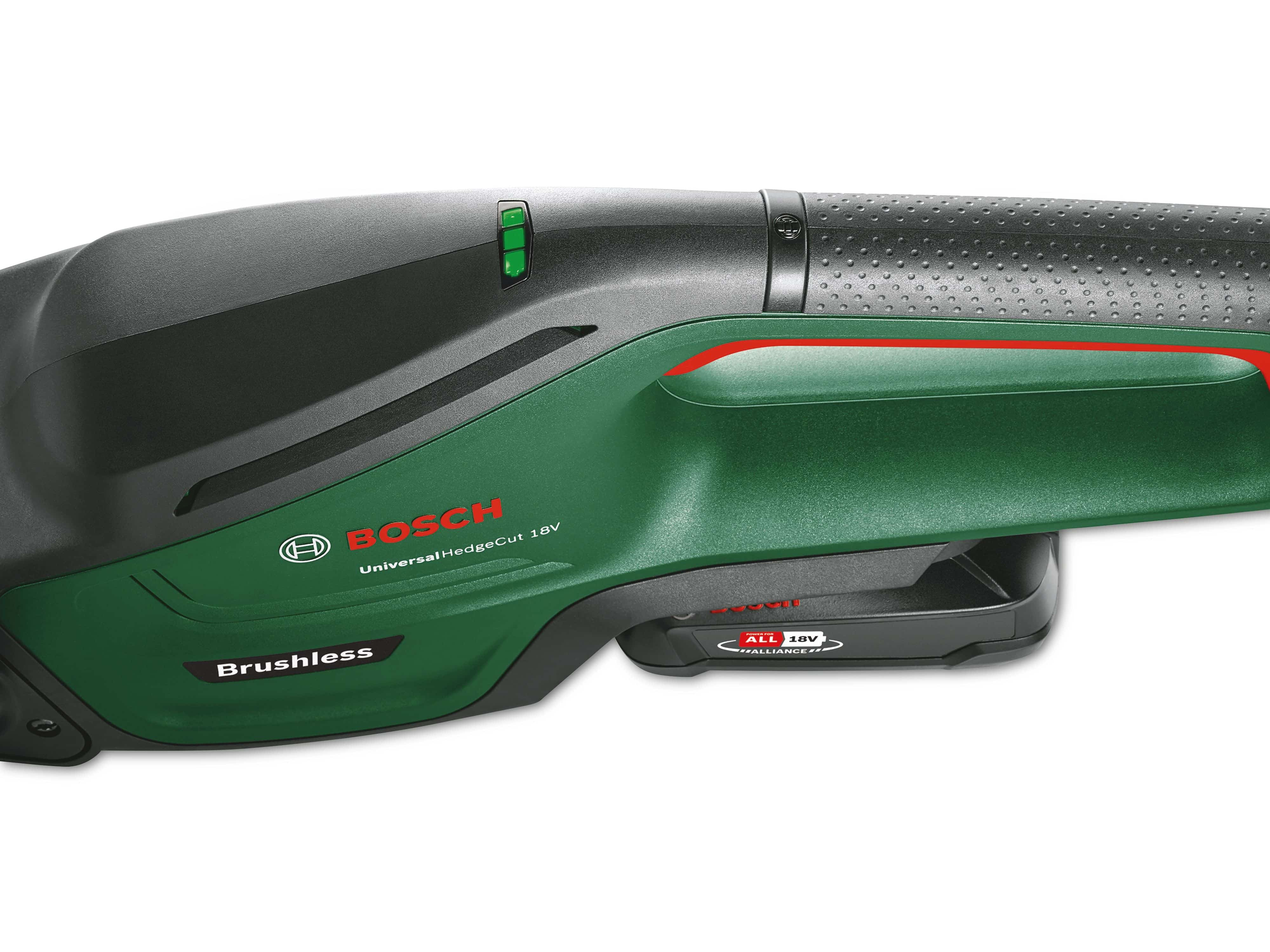 Cortasetos a batería Bosch verde con línea roja de acento e indicador.