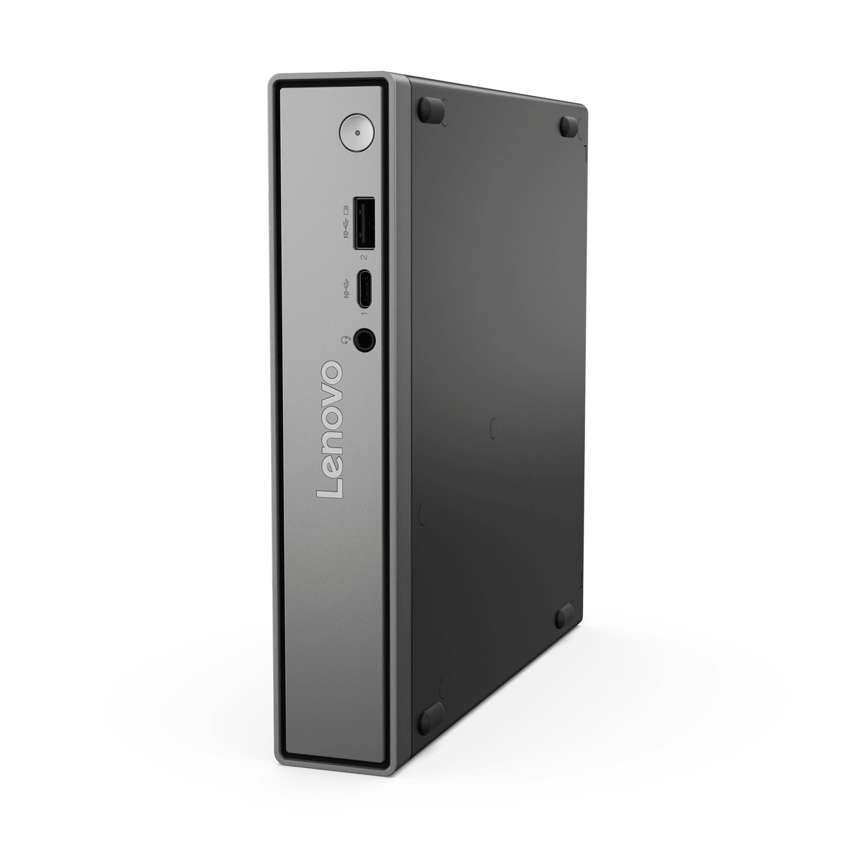 Mini PC Lenovo gris con puertos frontales: USB-A, USB-C, conector de auriculares.