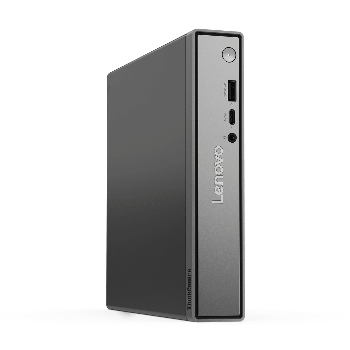 Mini PC Lenovo ThinkCentre gris con panel frontal plateado y puertos.
