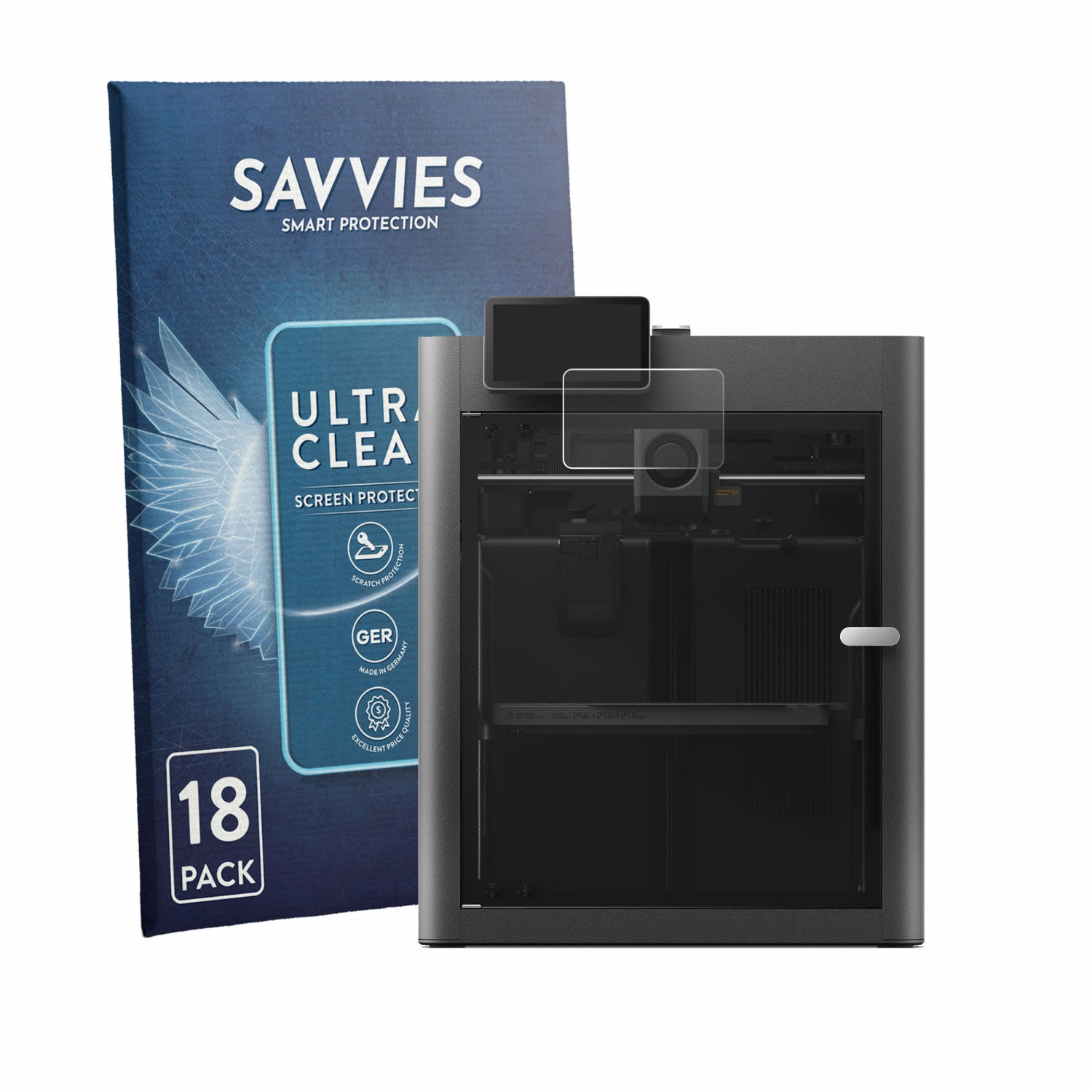 Savvies Displayschutzfolien-Box neben einem dunkelgrauen 3D-Drucker.