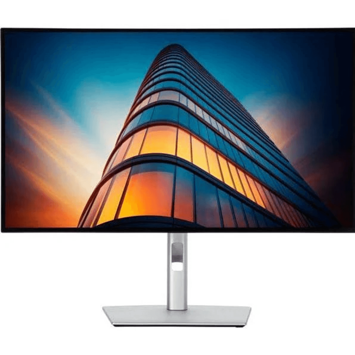 Een moderne monitor toont een gebogen glazen gebouw bij zonsondergang.