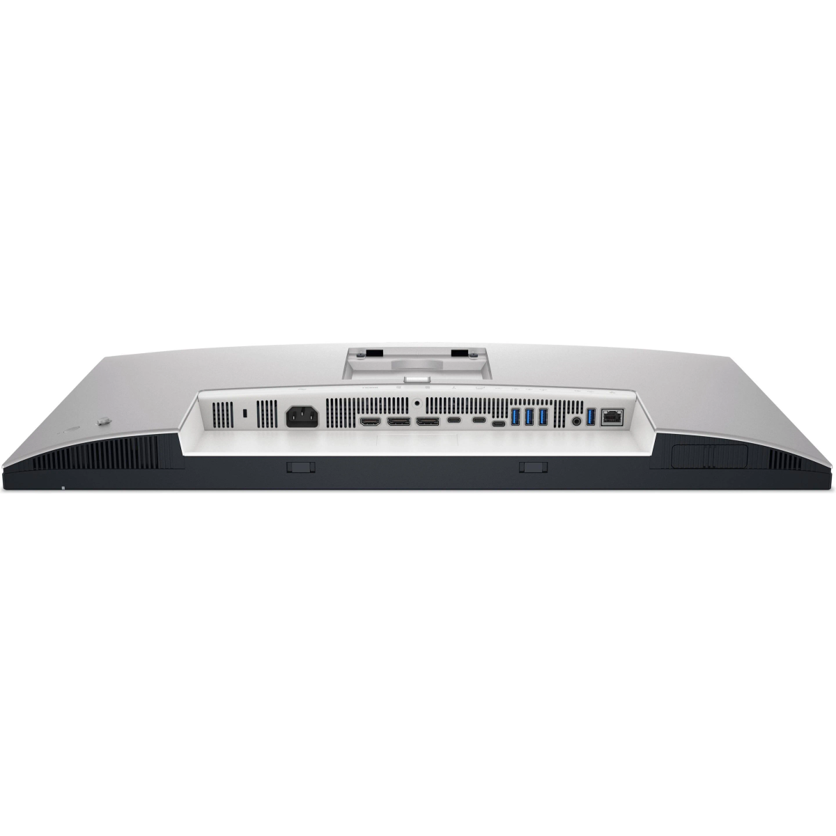 Achterkant van een monitor met stroom-, HDMI-, USB-C- en Ethernet-poorten.