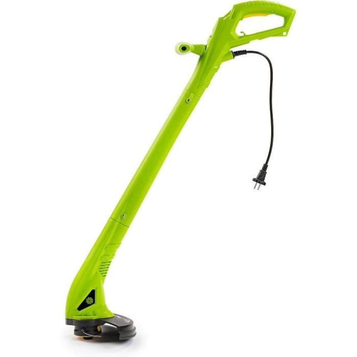 Una desbrozadora eléctrica verde brillante con cable y enchufe negros.