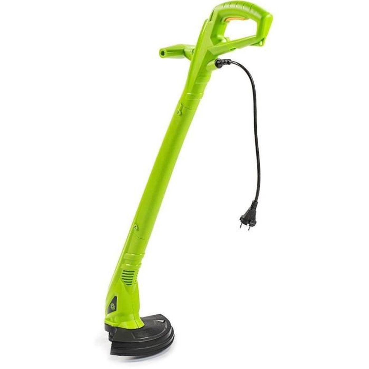 Un cortabordes verde brillante con cable y enchufe negros.