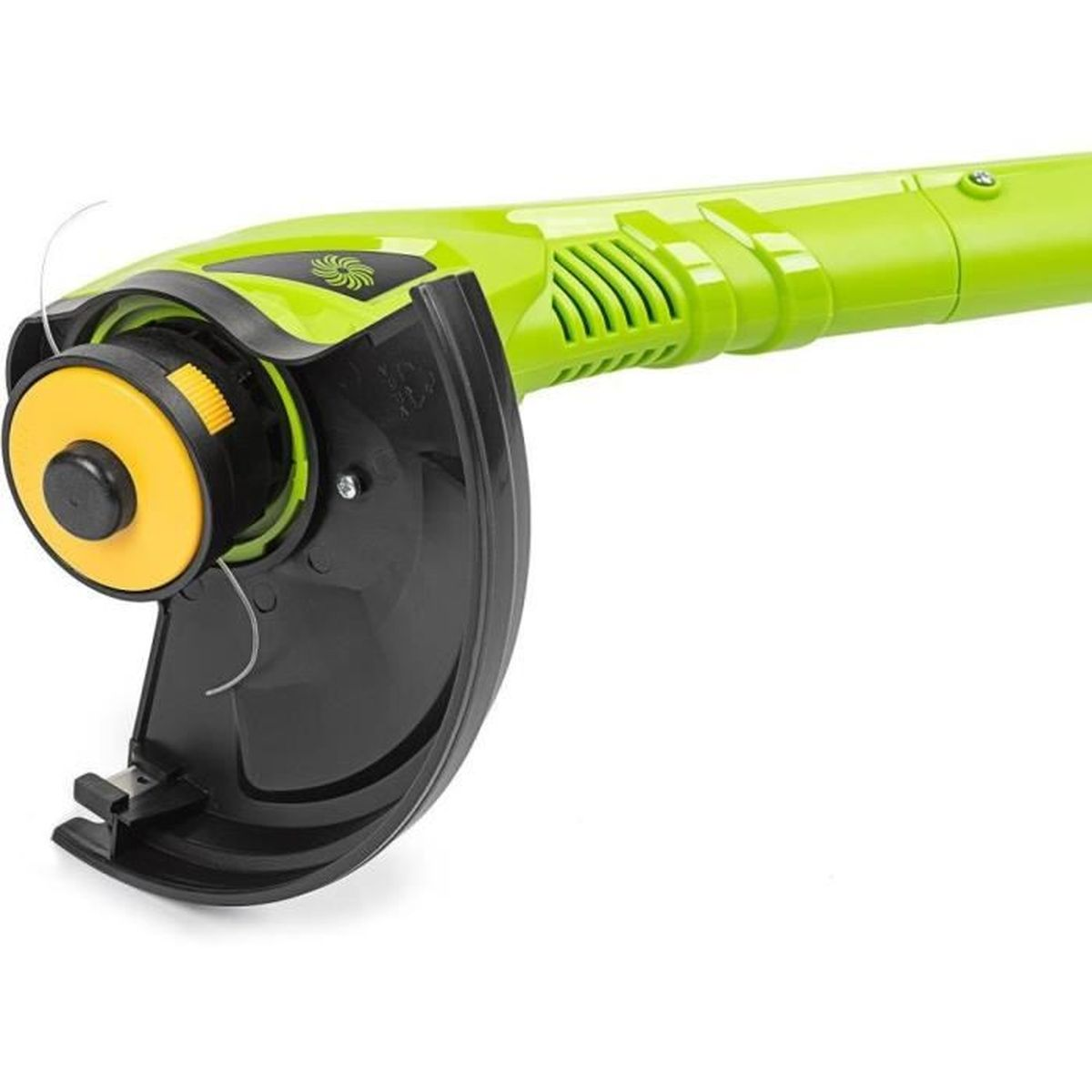 Cortacésped verde con protector negro y bobina amarilla.