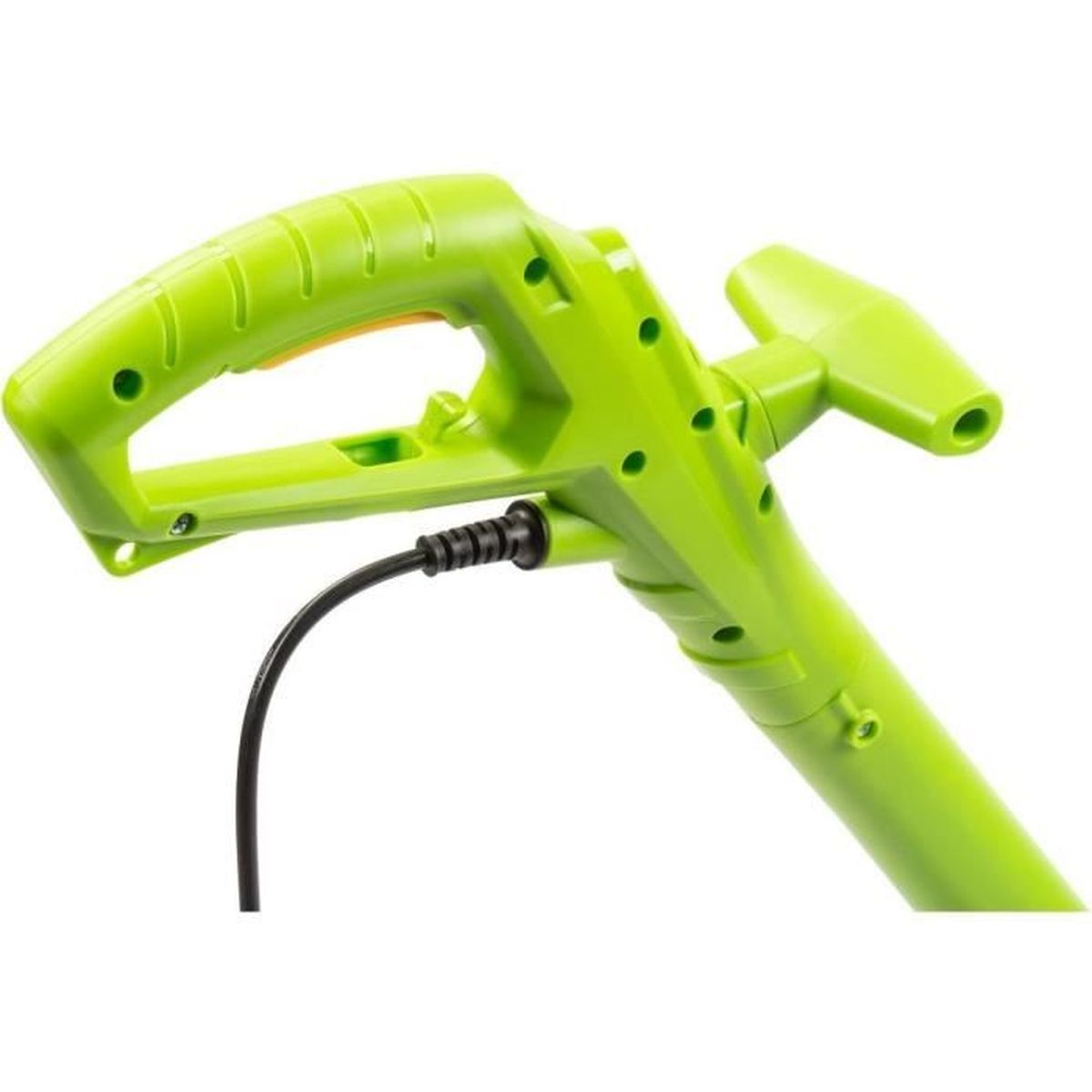 Primer plano del mango verde de un dispositivo con un cable negro.