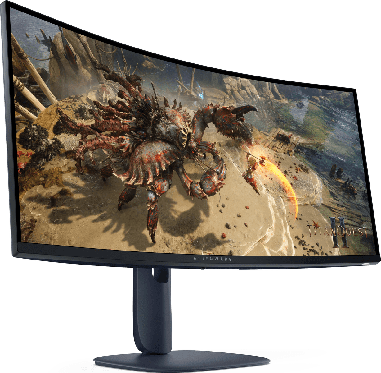 Een Alienware monitor toont een videogame met een gigantisch krabmonster en een krijger.