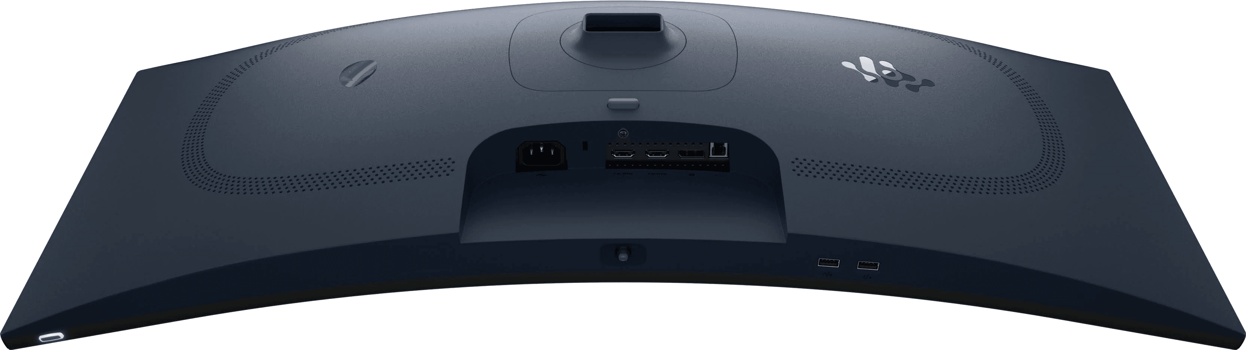 De achterkant van een blauwe monitor met poorten zoals HDMI, USB en stroom.