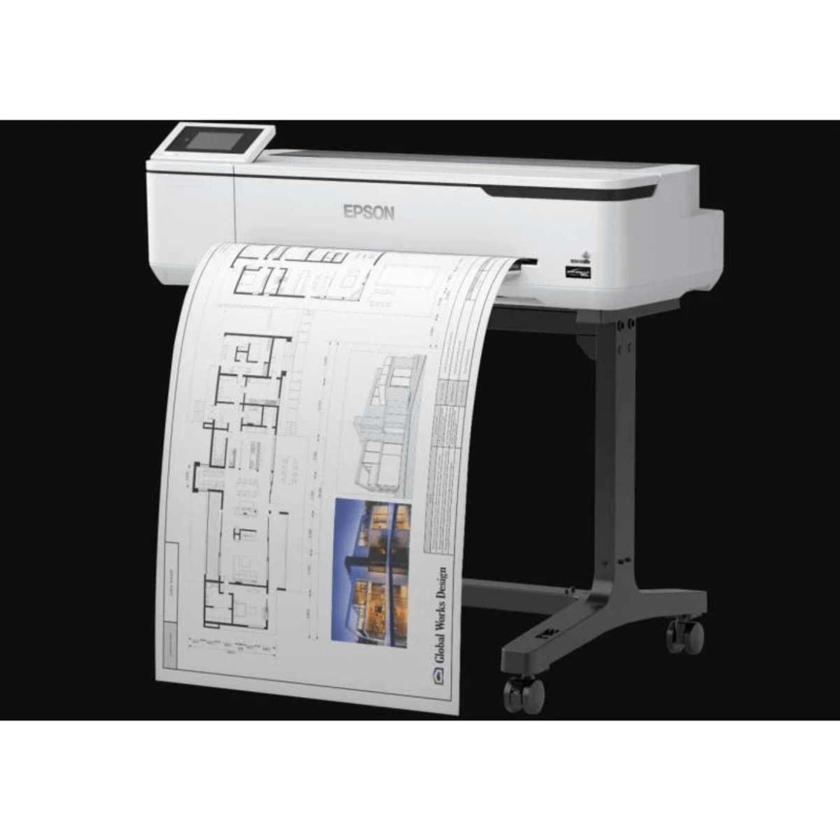 Una impresora Epson blanca de gran formato imprime planos arquitectónicos sobre fondo negro.