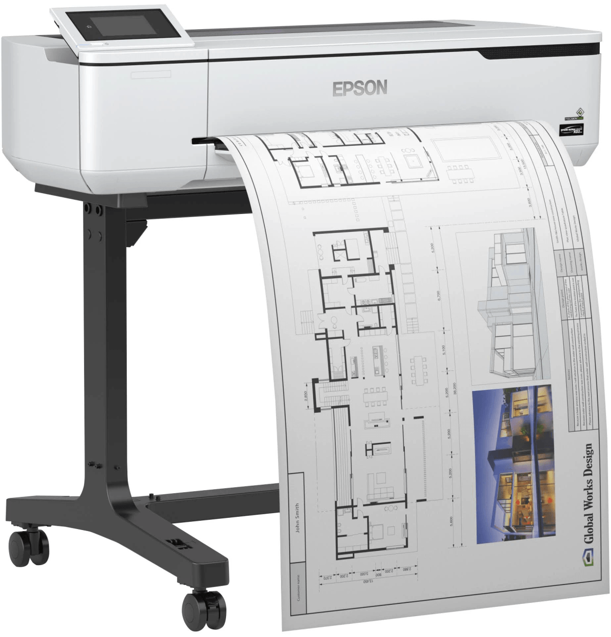 Una impresora Epson blanca sobre un soporte rodante negro imprime un plano.