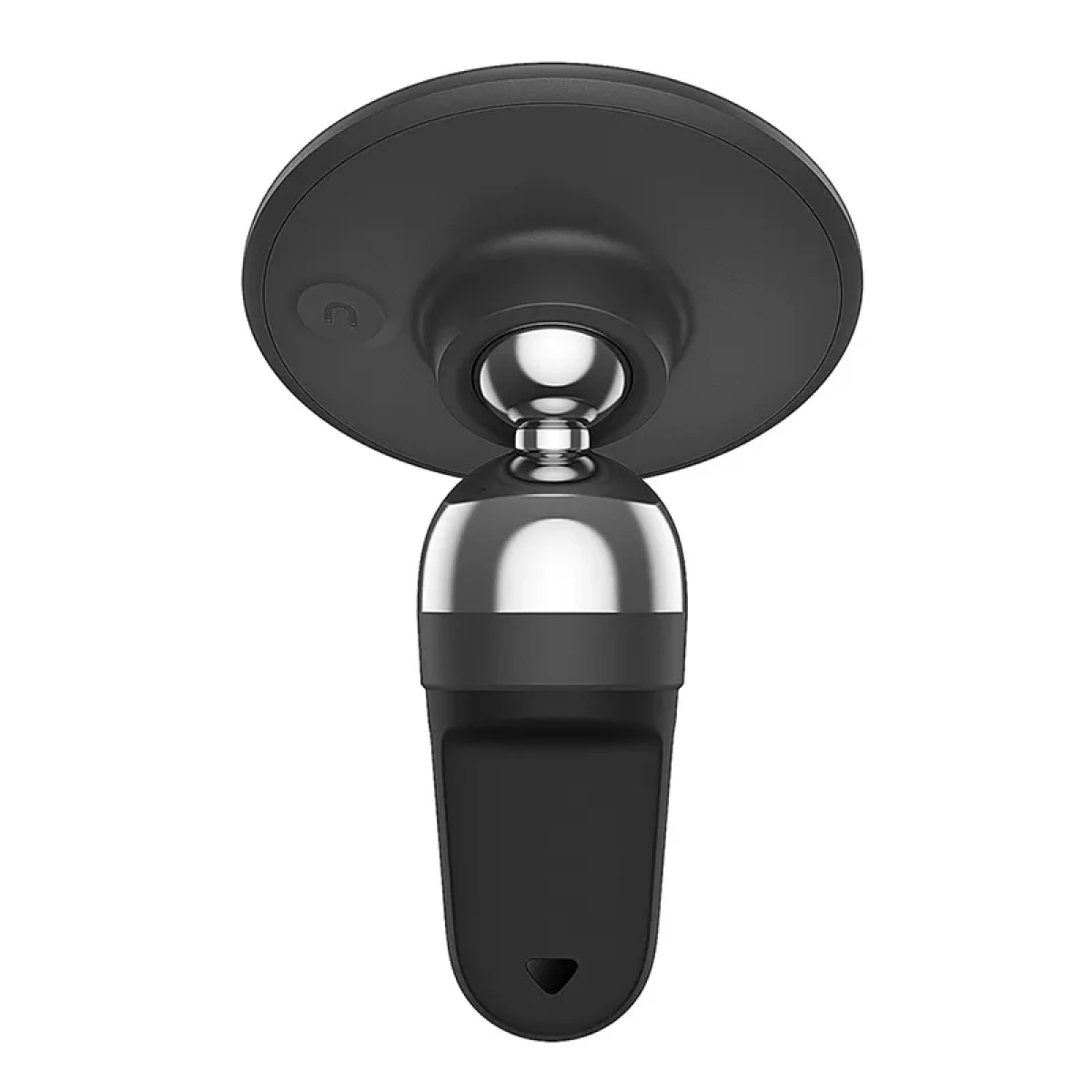 Supporto magnetico nero con giunto sferico argentato su sfondo bianco.