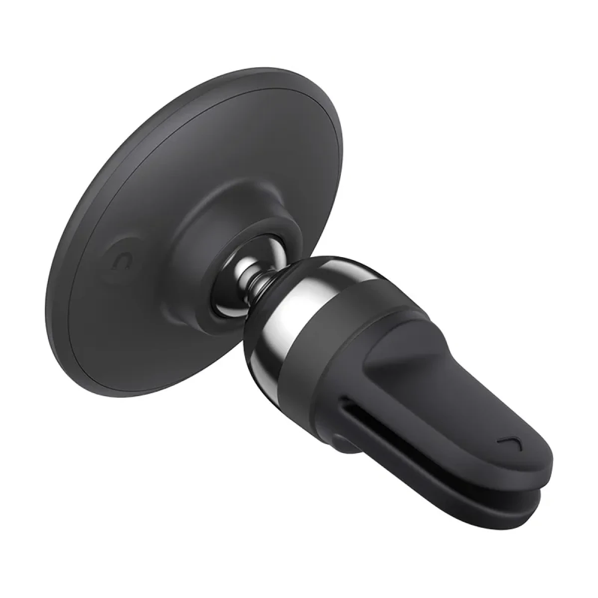 Un supporto per auto nero per bocchetta di ventilazione con snodo girevole e base magnetica.