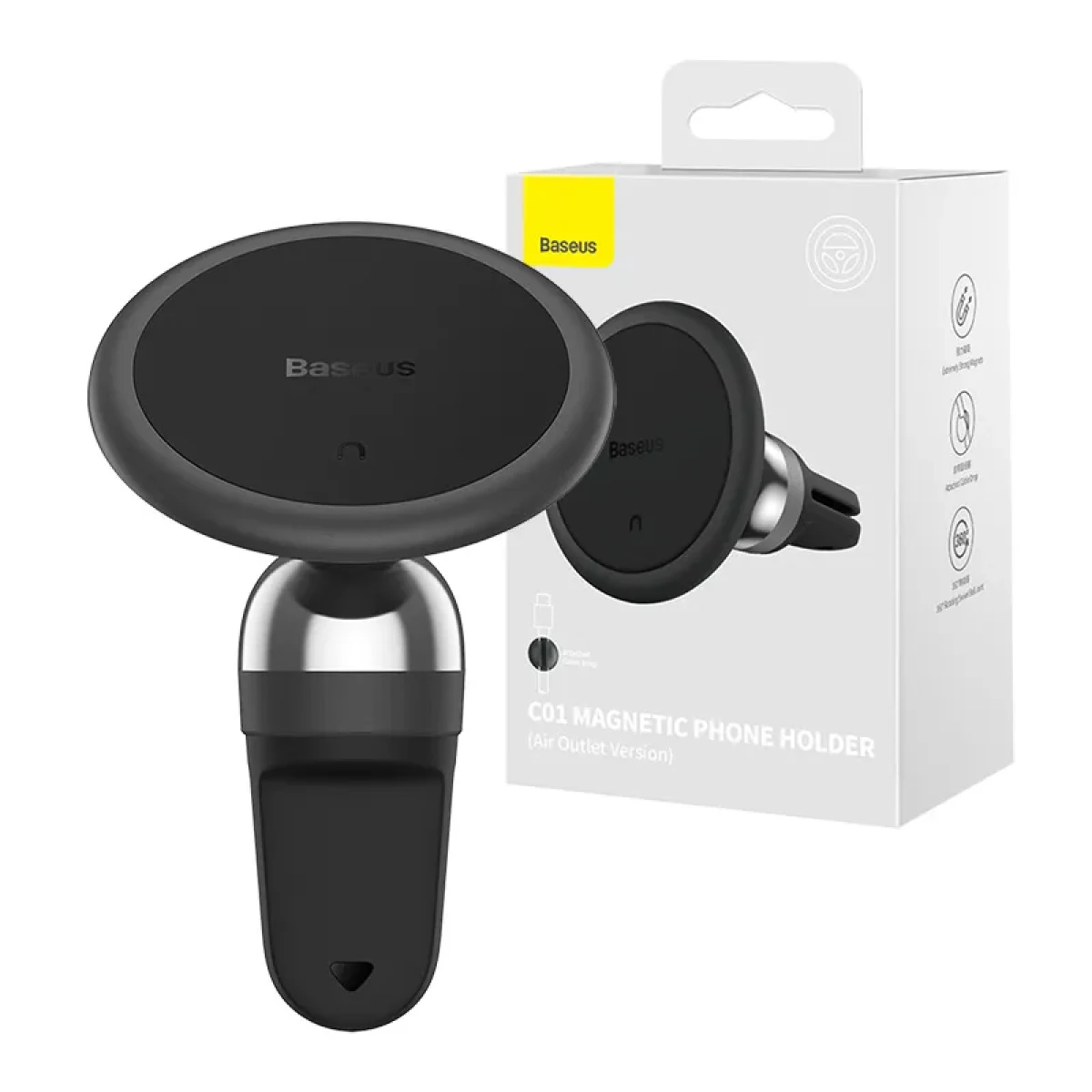 Supporto magnetico nero Baseus per bocchetta d'aria, con confezione.