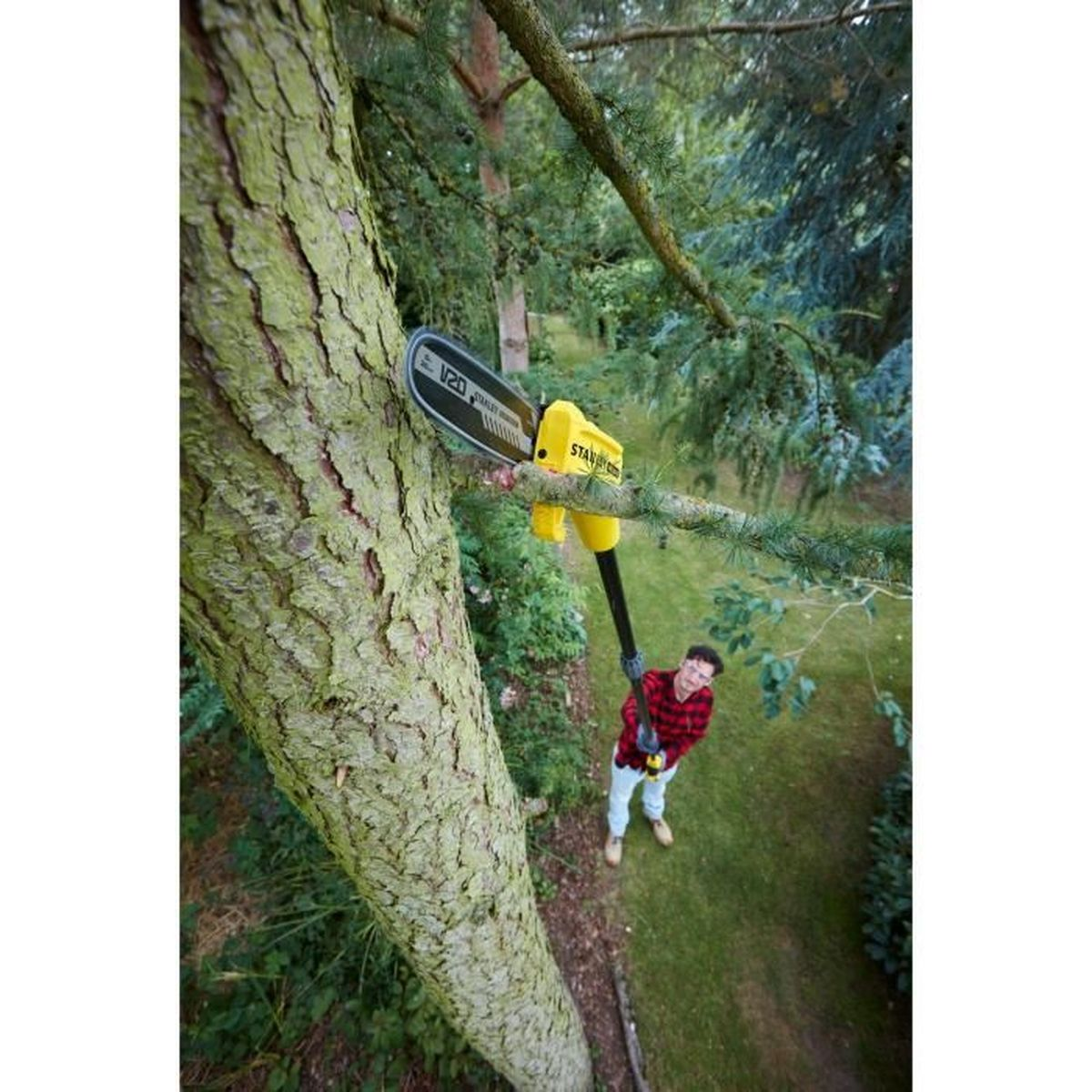 Uomo taglia ramo con motosega gialla su albero.
