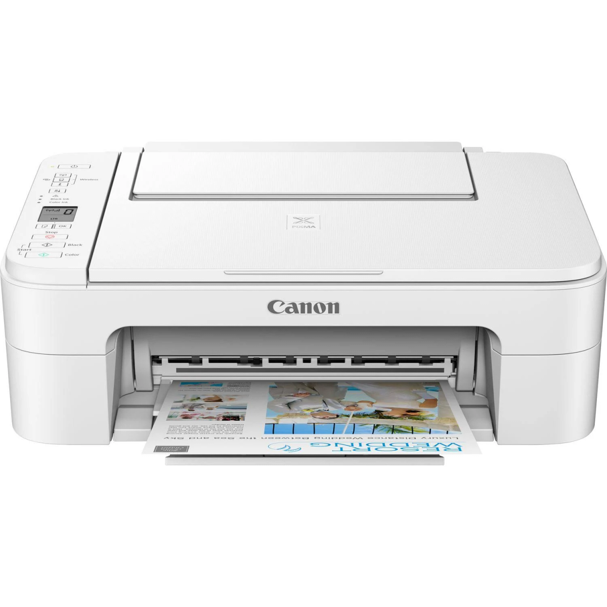Weißer Canon Pixma Drucker mit Papierausgabe, die eine Hochzeitsbroschüre zeigt.