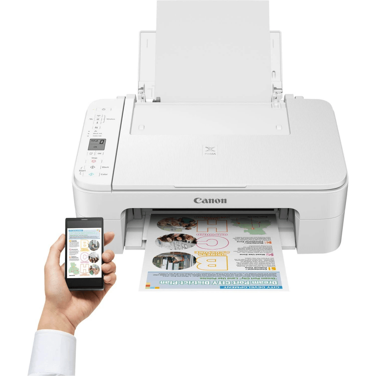 Ein weißer Canon Drucker mit einem Smartphone, das eine gedruckte Seite zeigt.