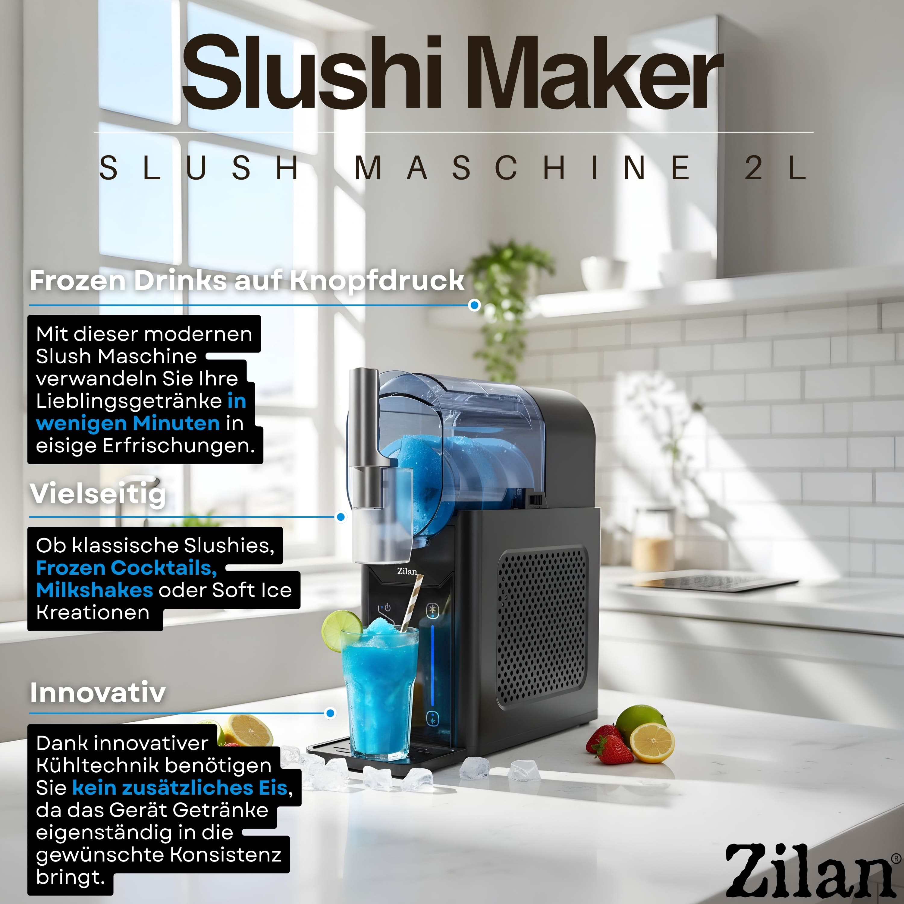 Ein Slush Maker mit blauem Slush, Glas und Früchten daneben.
