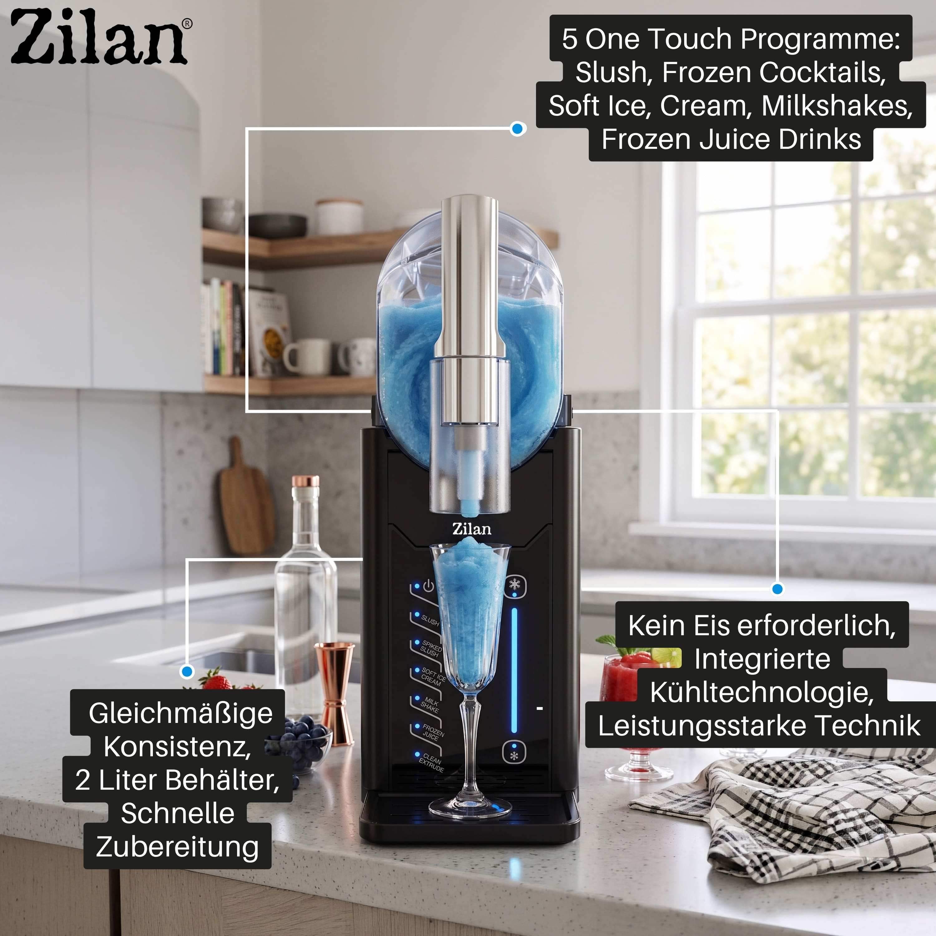 Ein Zilan Slushmaker mit blauem Slush in einem Glas, auf einer Küchentheke.