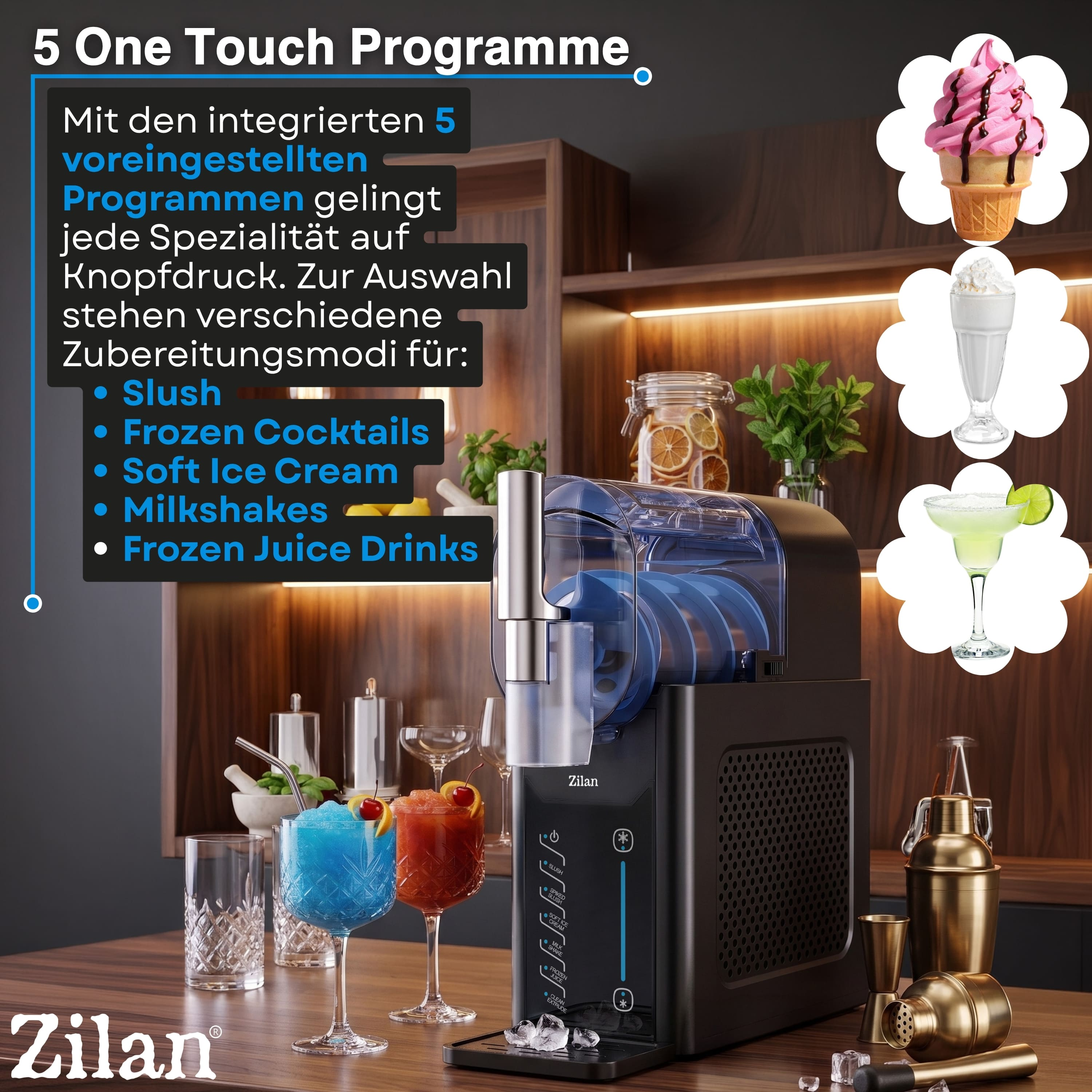 Ein Zilan Slushmaker mit 5 Programmen, Eiscreme, Cocktails und Getränken.