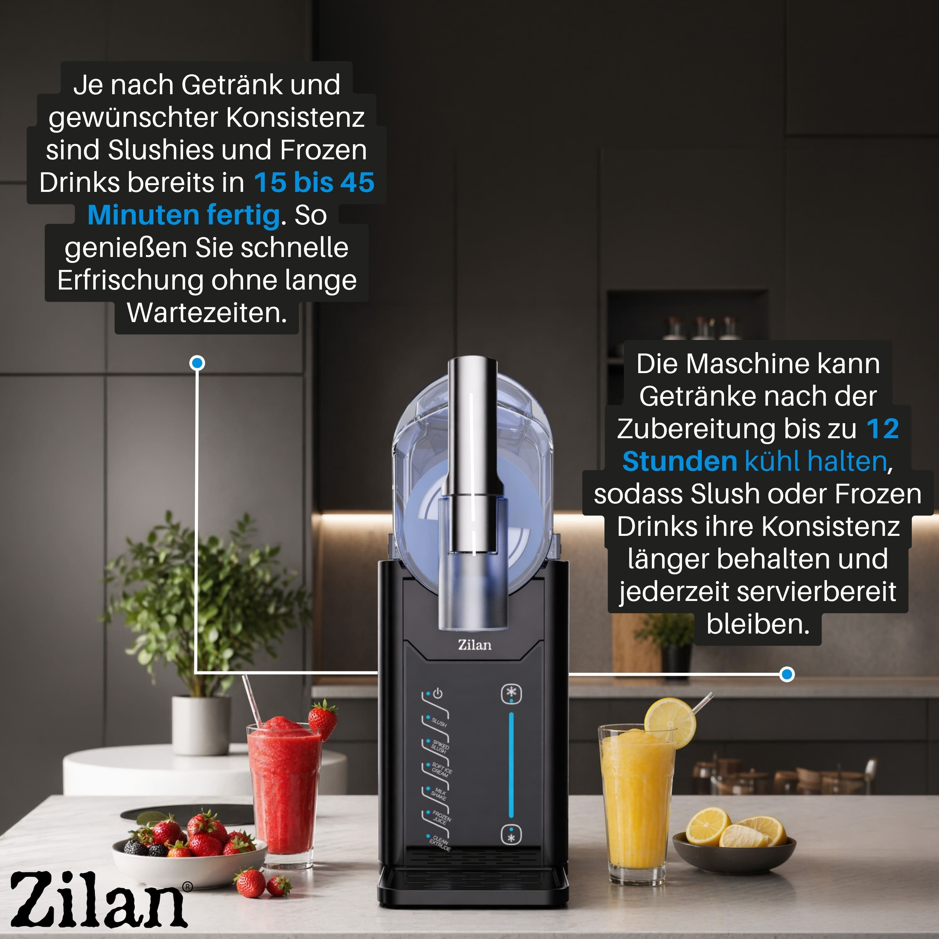Zilan Slush-Maschine mit zwei gefrorenen Getränken und Früchten.