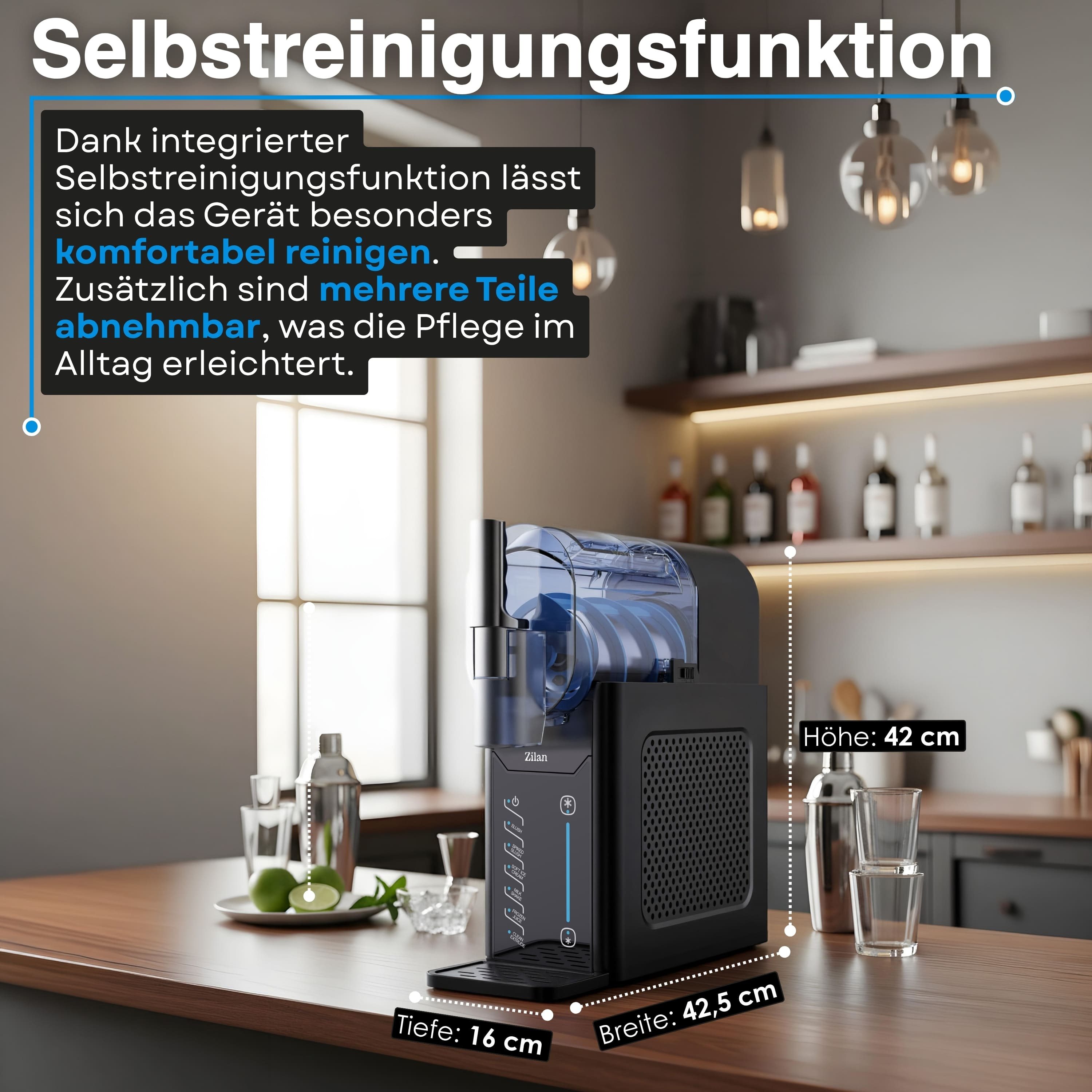 Ein schwarzer Slush-Maker auf einer Holztheke, Höhe 42 cm, Tiefe 16 cm, Breite 42,5 cm.