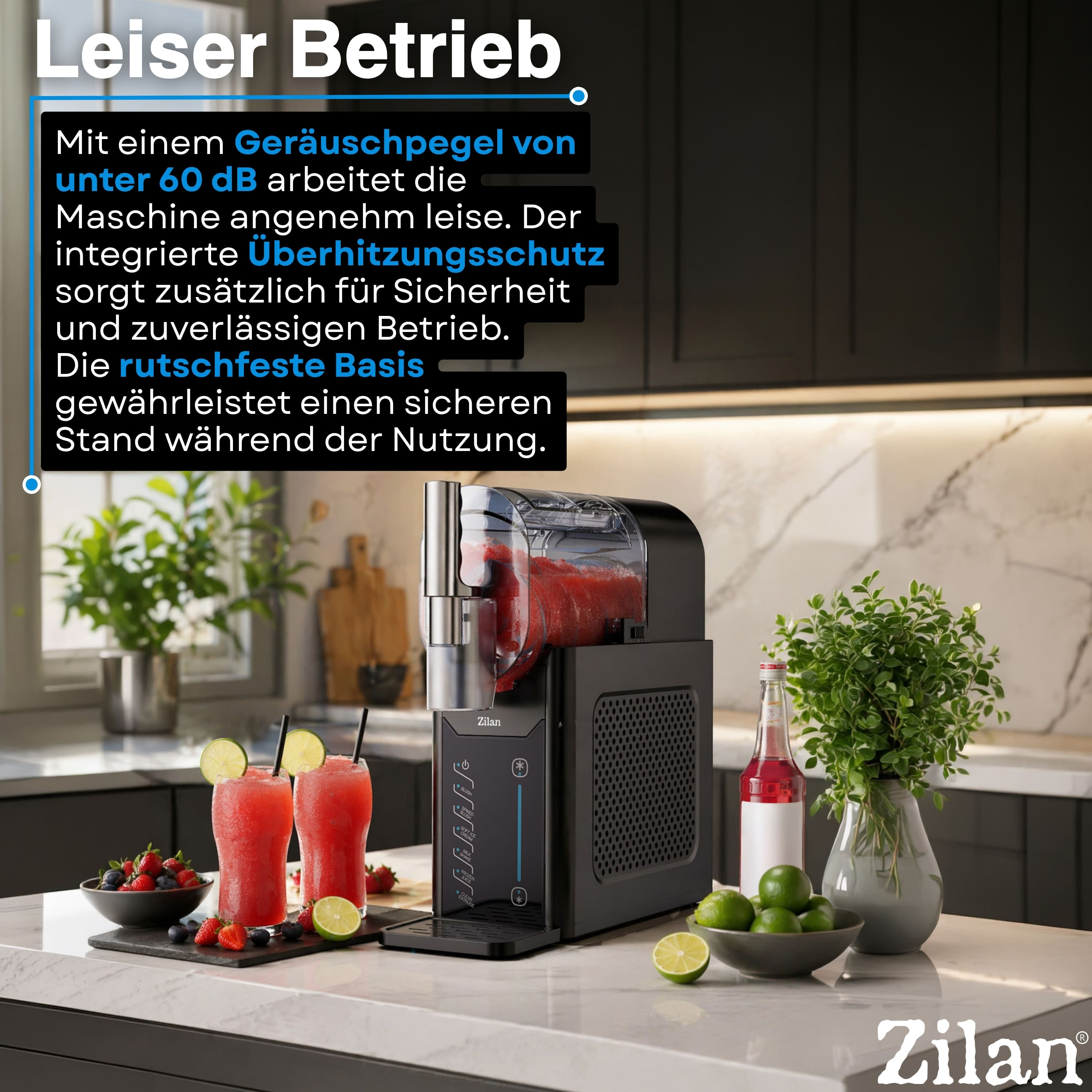 Ein Zilan Slush-Maker mit Früchten und Getränken in einer modernen Küche.