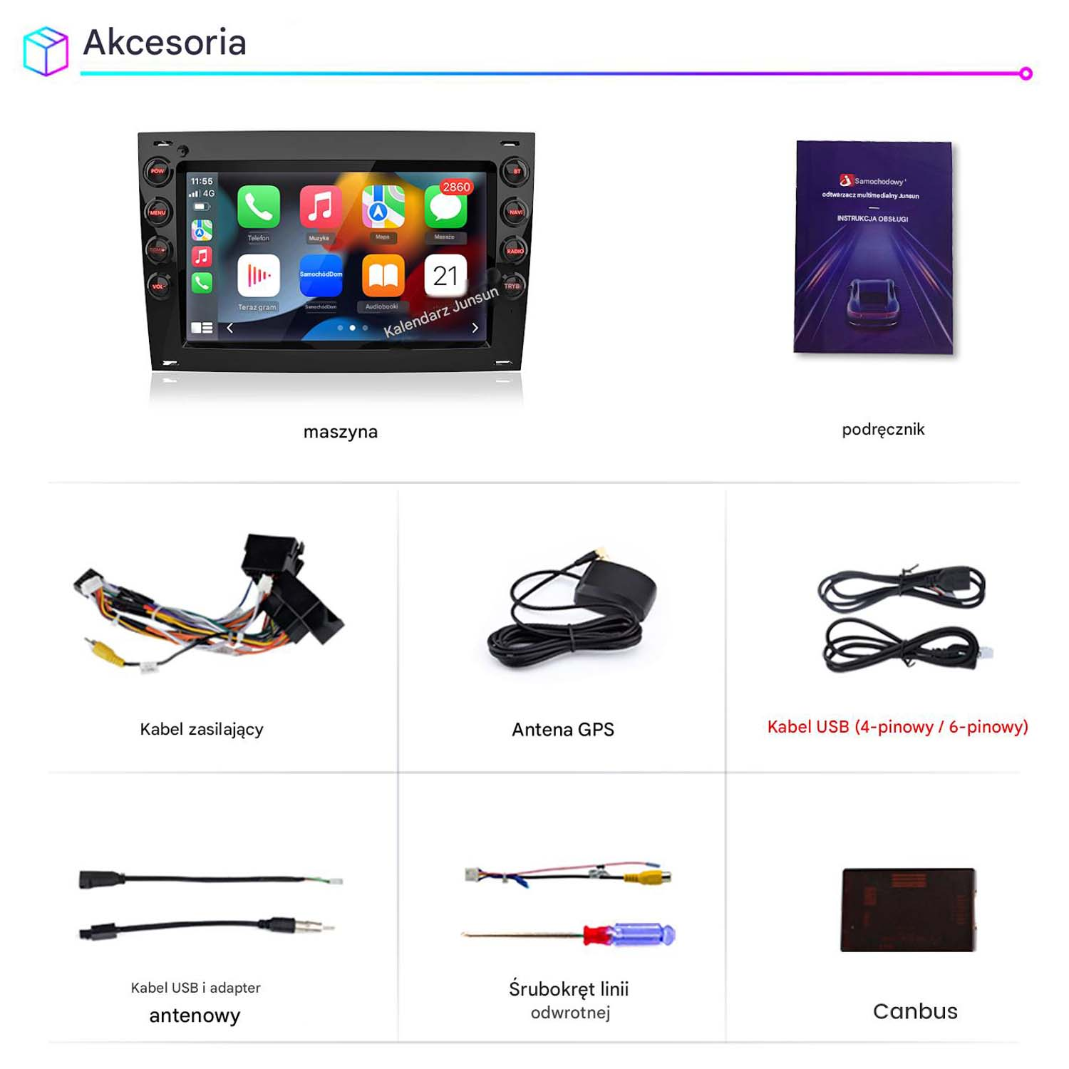 System multimedialny, instrukcja, kabel zasilający, antena GPS, kabel USB, adapter, śrubokręt, Canbus.
