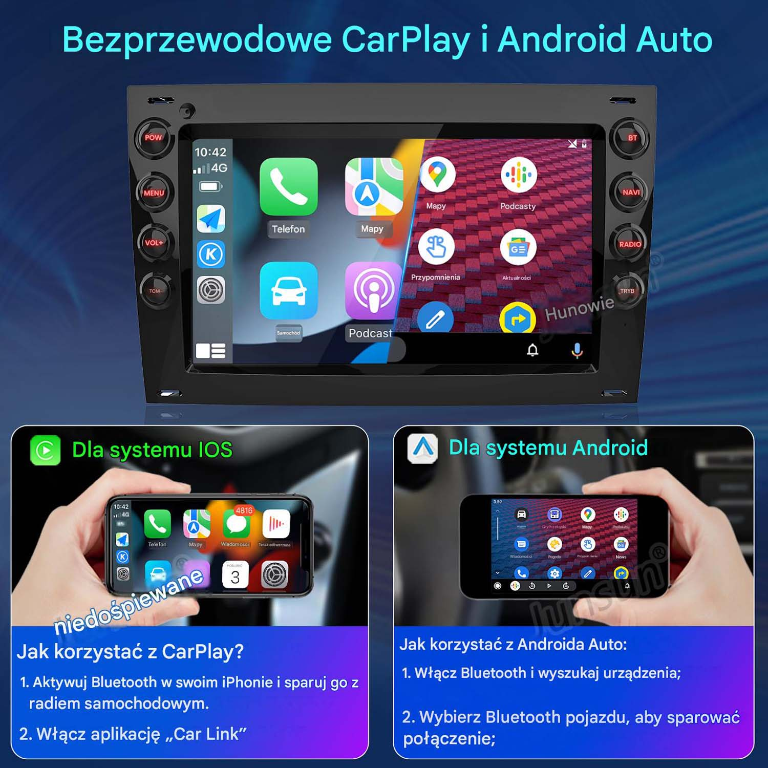 System infotainment samochodu wyświetla CarPlay i Android Auto.
