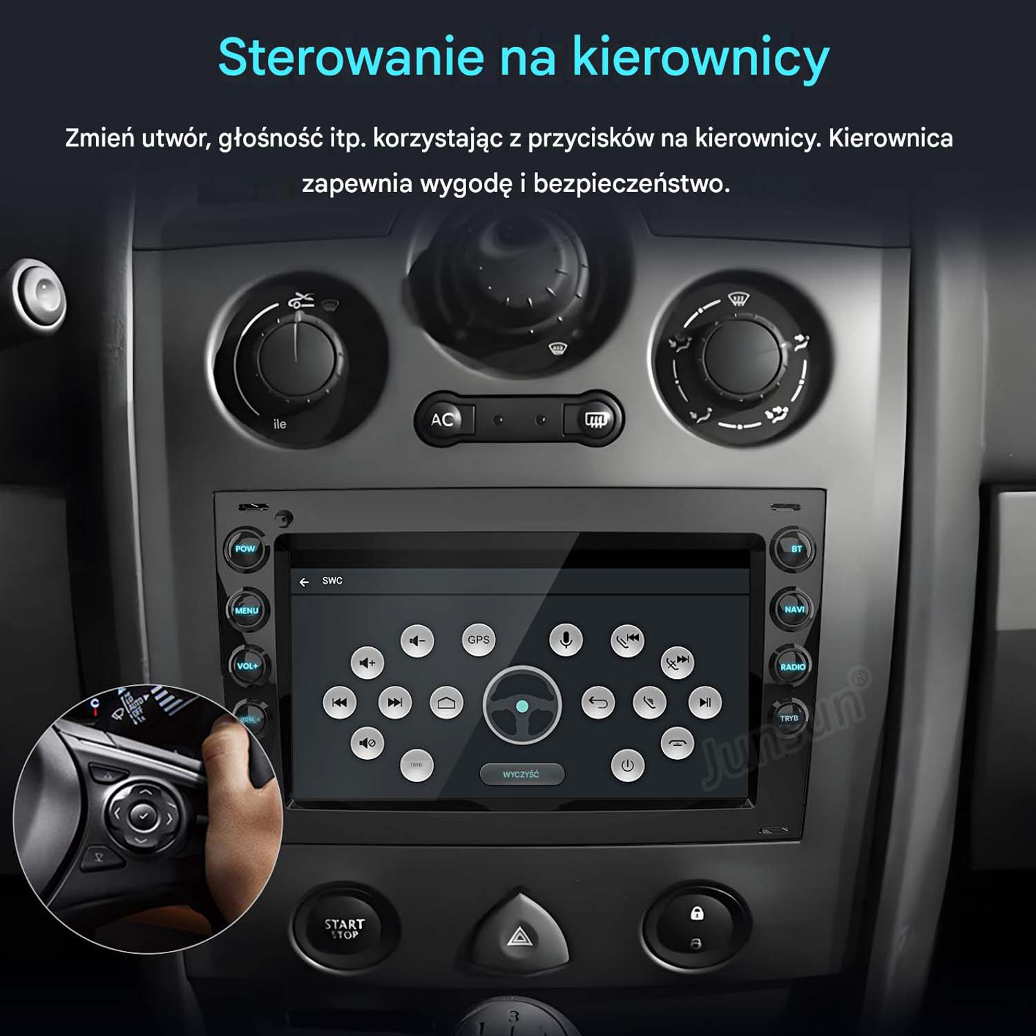 System multimedialny samochodu z ekranem dotykowym i sterowaniem na kierownicy.