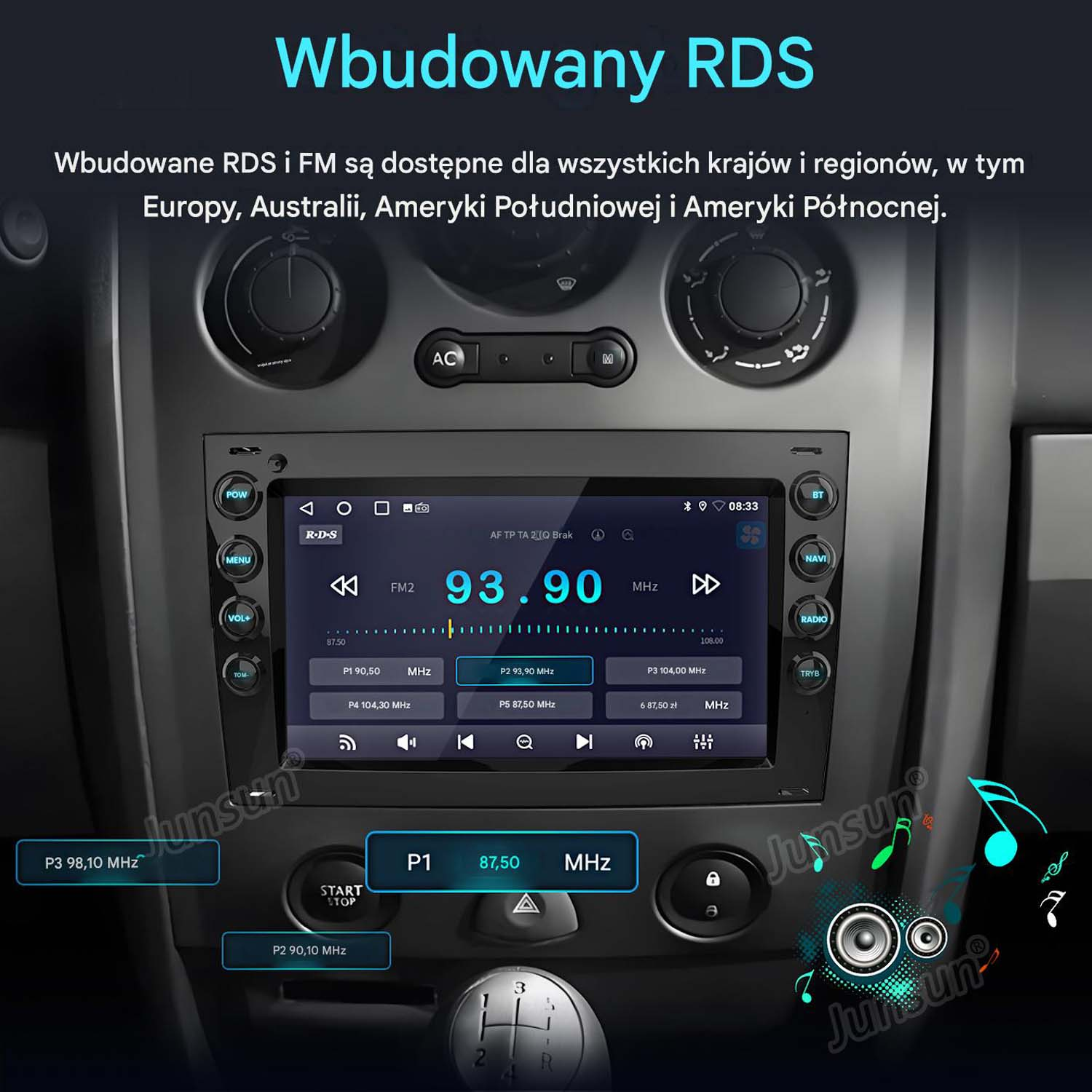 System infotainmentu samochodowego z radiem RDS/FM na ekranie dotykowym.