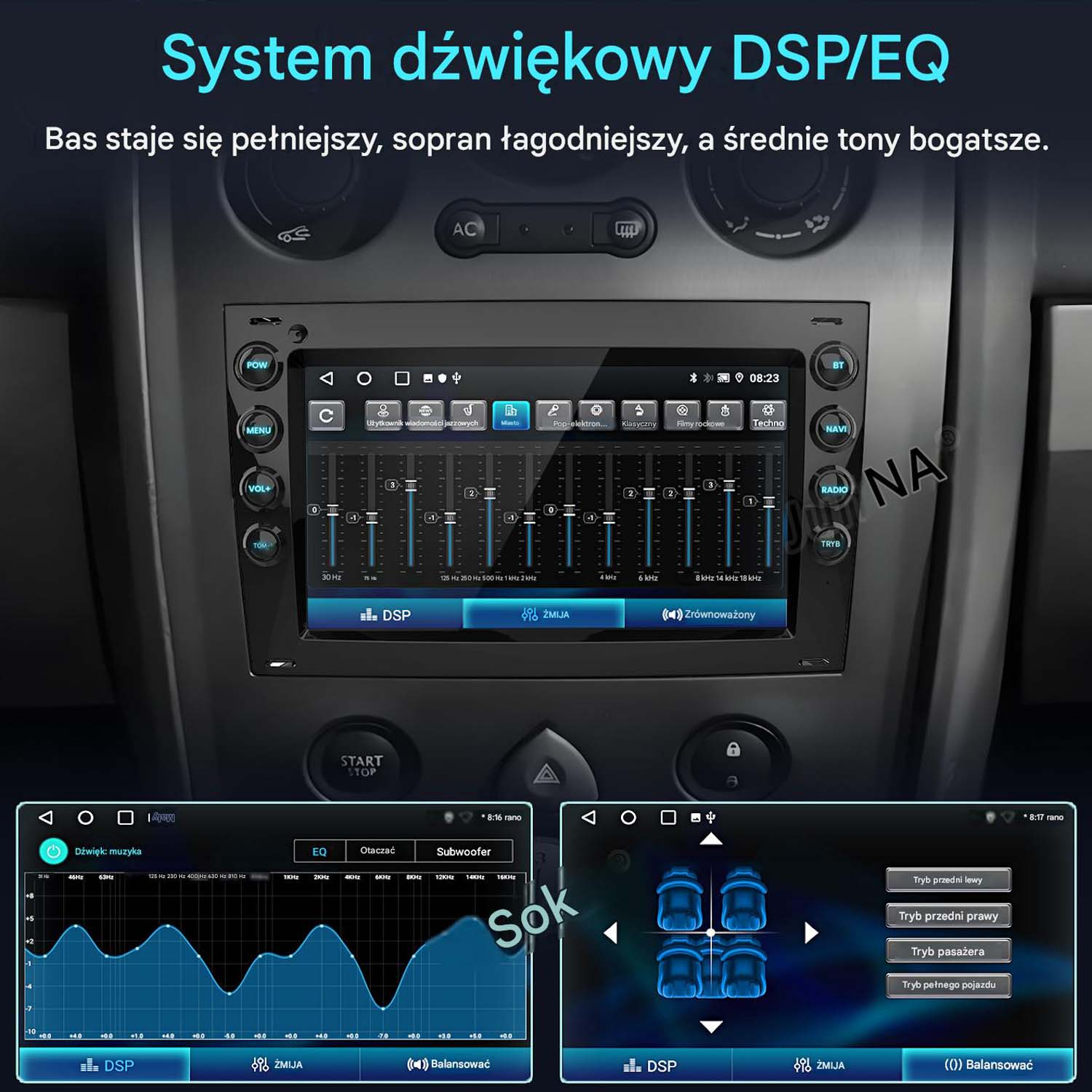 Samochodowy system infotainment z ustawieniami DSP/EQ i grafiką korektora.
