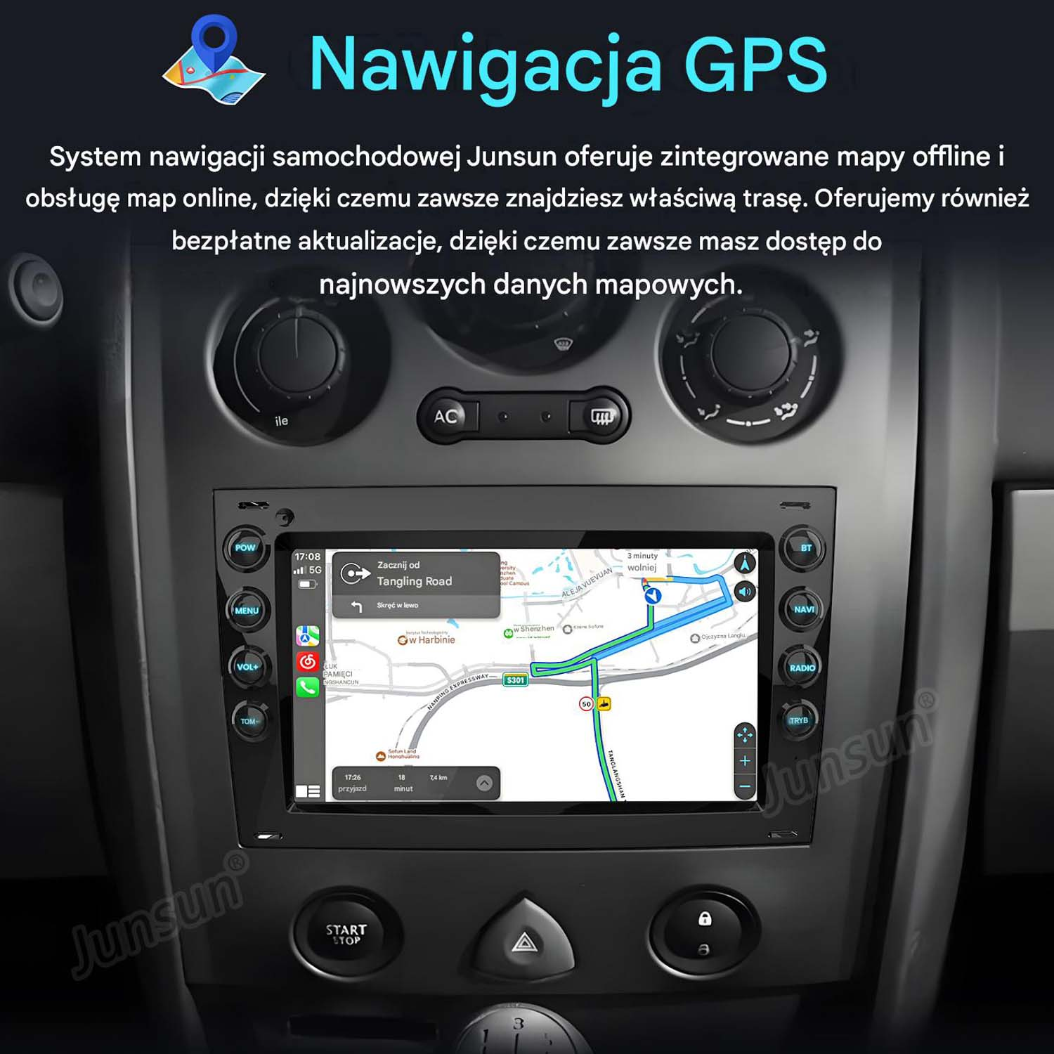 Deska rozdzielcza samochodu z ekranem nawigacji GPS i przyciskami sterowania.